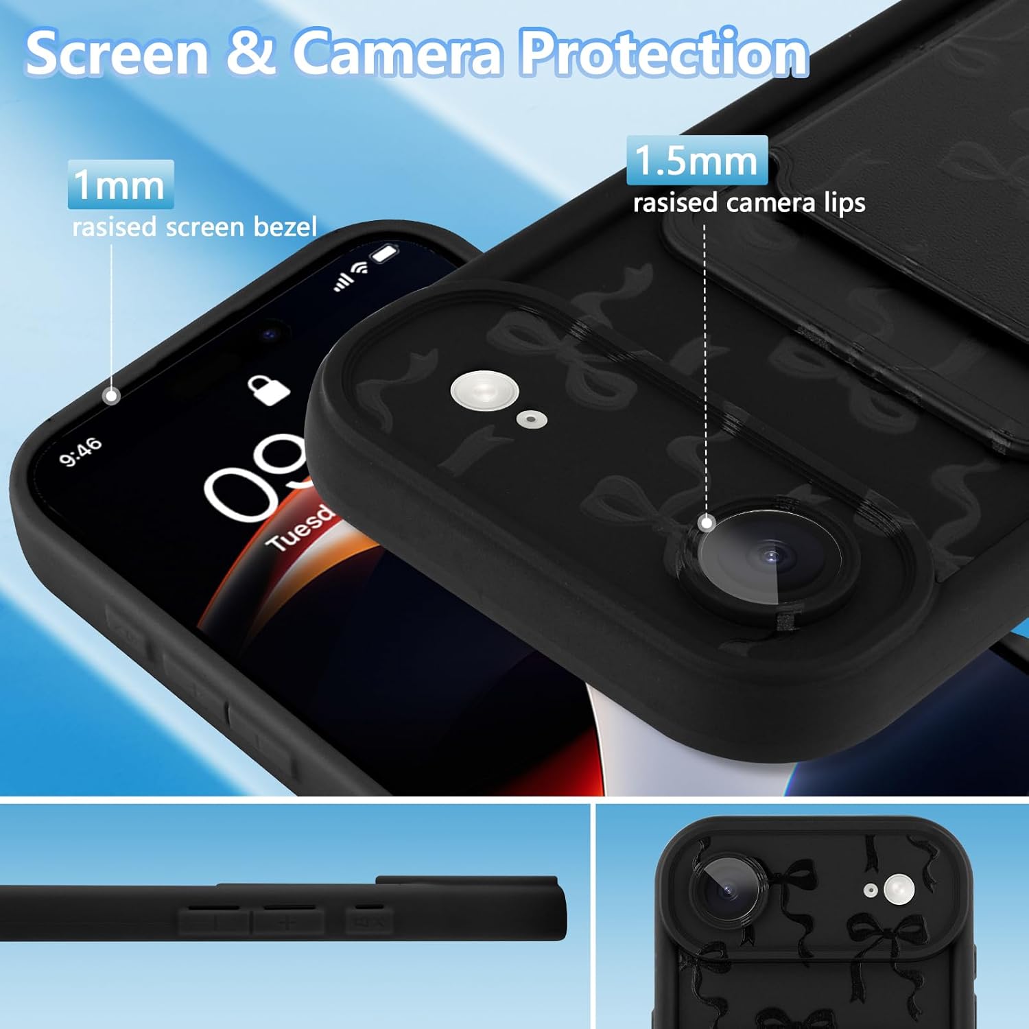 KANGHAR Case for iPhone Air Card Slot Phone Case, Cute Bow Design with Card Holder for Women Girls Slim Shockproof Wallet Cover-Black - Image 5