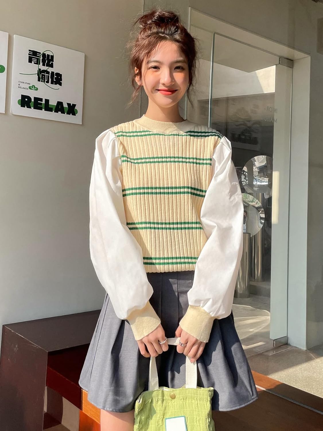 BEDAW Women's Sweater Stripe Pattern Contrast Lantern Sleeve 2 in 1 Sweater Sweater for Women (Color : Multicolor, Size : Medium)