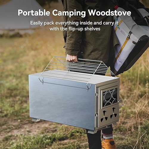 Miniatura 3 de Estufa de tienda de campaña caliente para sauna, estufa de leña con 8 tubos de chimenea de acero inoxidable, estufa de leña plegable portátil para
