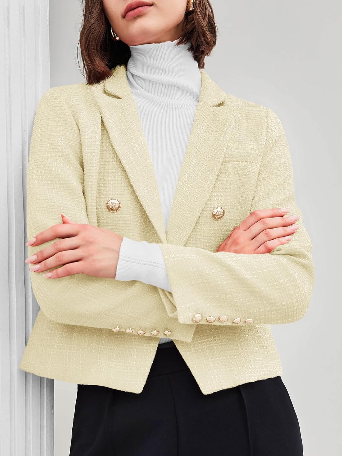 Cicy Bell Women Cropped Tweed Blazer Jackets Lapel Open Front Long Sleeve Business Suit Jackets with Pocket - Image 2