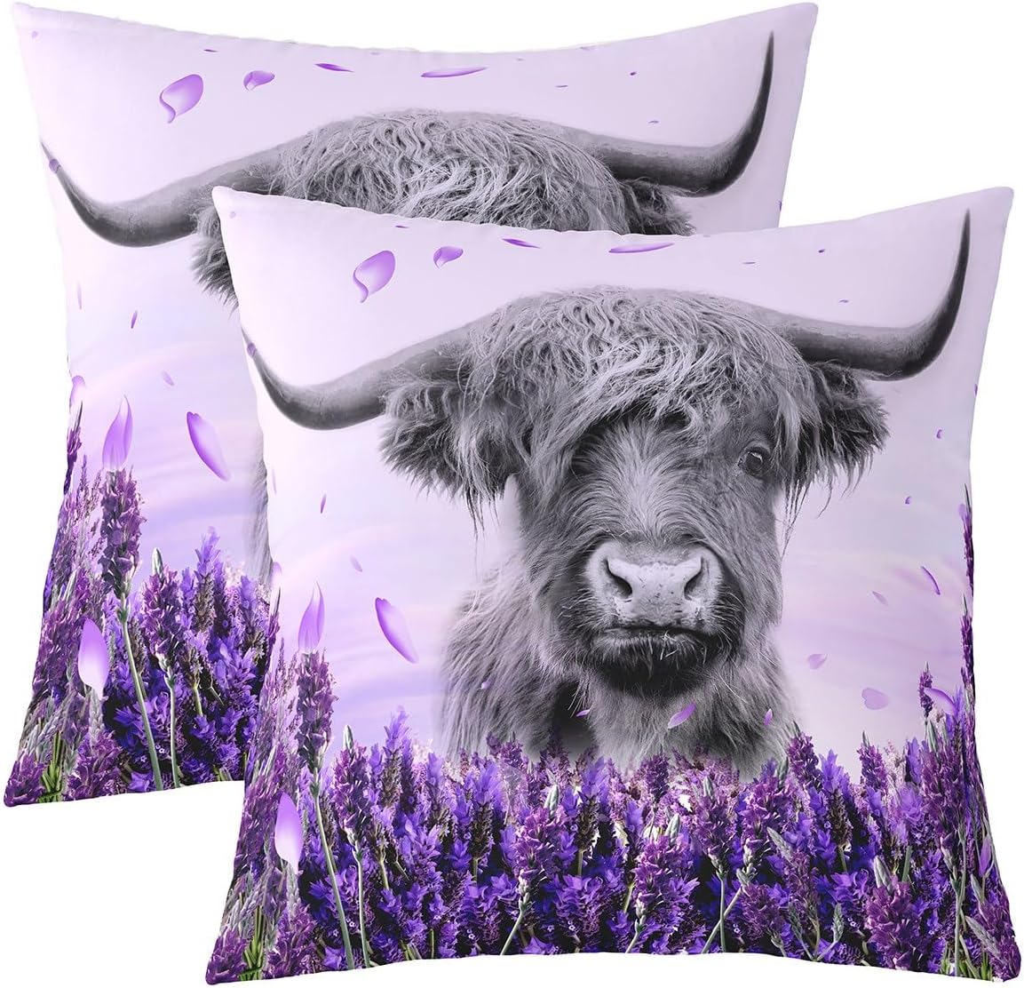 Set of 2 Grey Highland Cattle Pillow Covers 3D Funny Cow Bull Cushion Covers Purple Floral Flowers Throw Pillow Covers Cute Wild Farmhouse Animal Decorative Square Pillow Cases,Room Decor 24x24 Inch