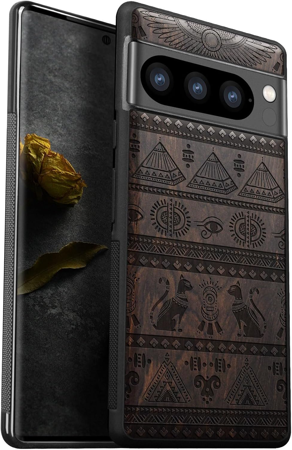 Carveit Wood Case for Pixel 8 Pro Case [Natural Wood & Black Soft TPU] Shockproof Protective Unique Wooden Cover Compatible with Google Pixel 8 Pro (Whale Tail-Blackwood)