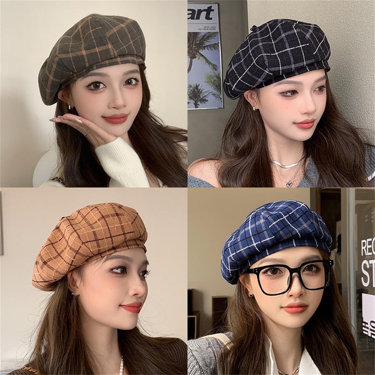 Women Beret Hat, Vintage Plaid Adjustable Artist Hat Breathable Lady Painter Cap for Outdoor Travel