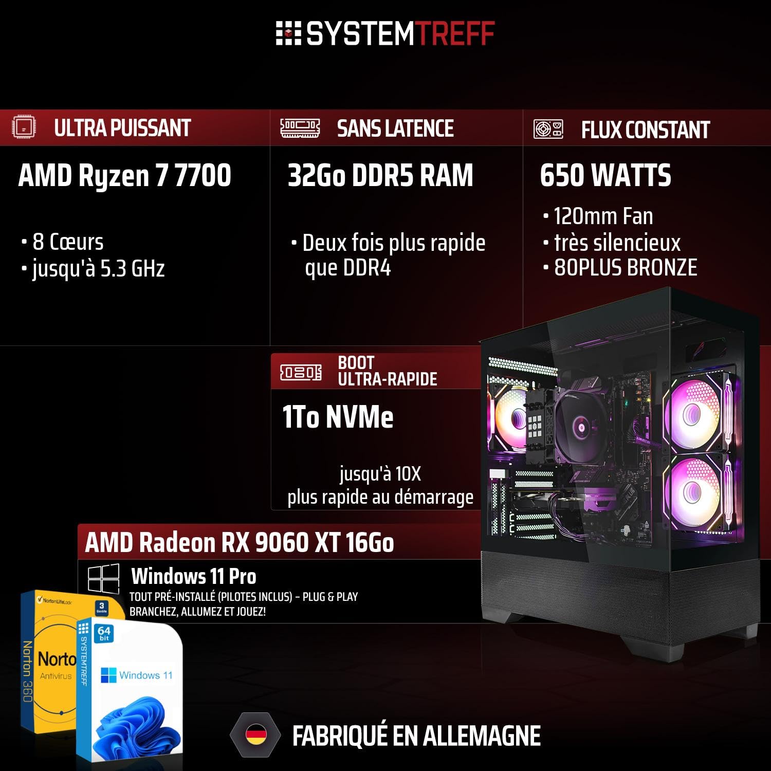 SYSTEMTREFF PC Gamer - AMD Ryzen 7 7700 - RX 9060 XT 16Go