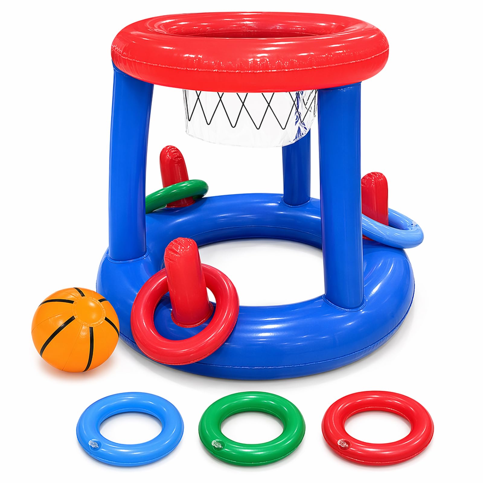 Pool Basketball Hoop,5 pcs Inflatable Pool Toys Set for Swimming Pool Games, Includes Basketball and Rings for Recreation,Water Sports Equipment with 56x50cm Frame and Accessories