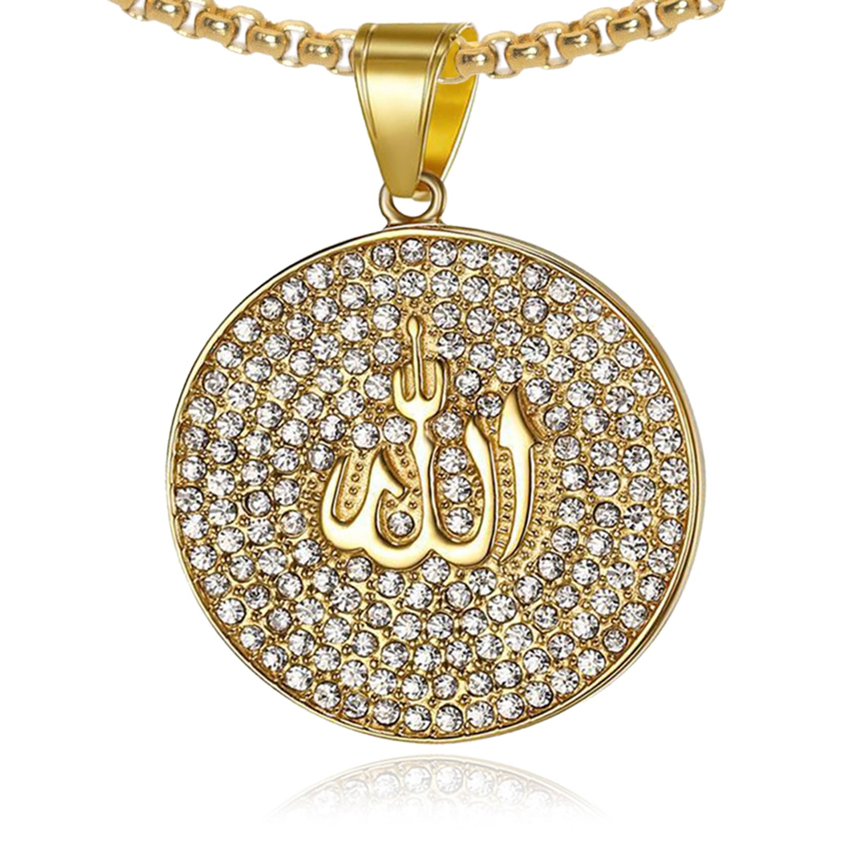 PitmmordHip Hop Rapper Iced Out Stainless Steel Allah Pendant Round Necklace With Rhinestones Arabic Medallion