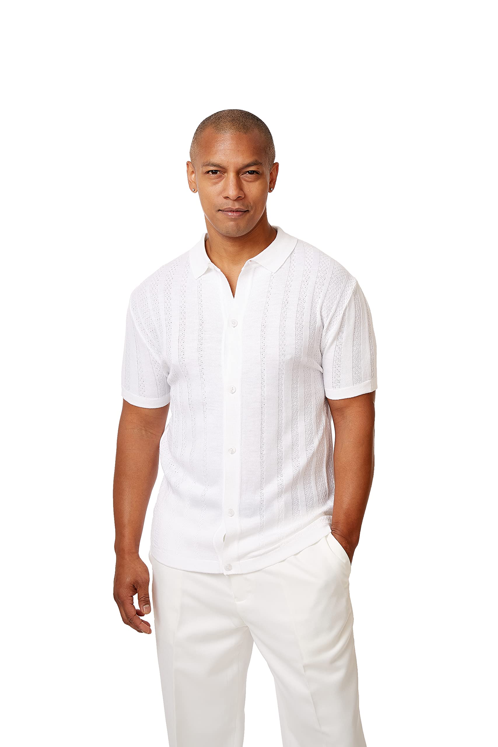 Men’s Short Sleeve Knit Sports Shirt - Modern Polo Vintage Classics: Solid Geometric Jacquard with Color Tipping