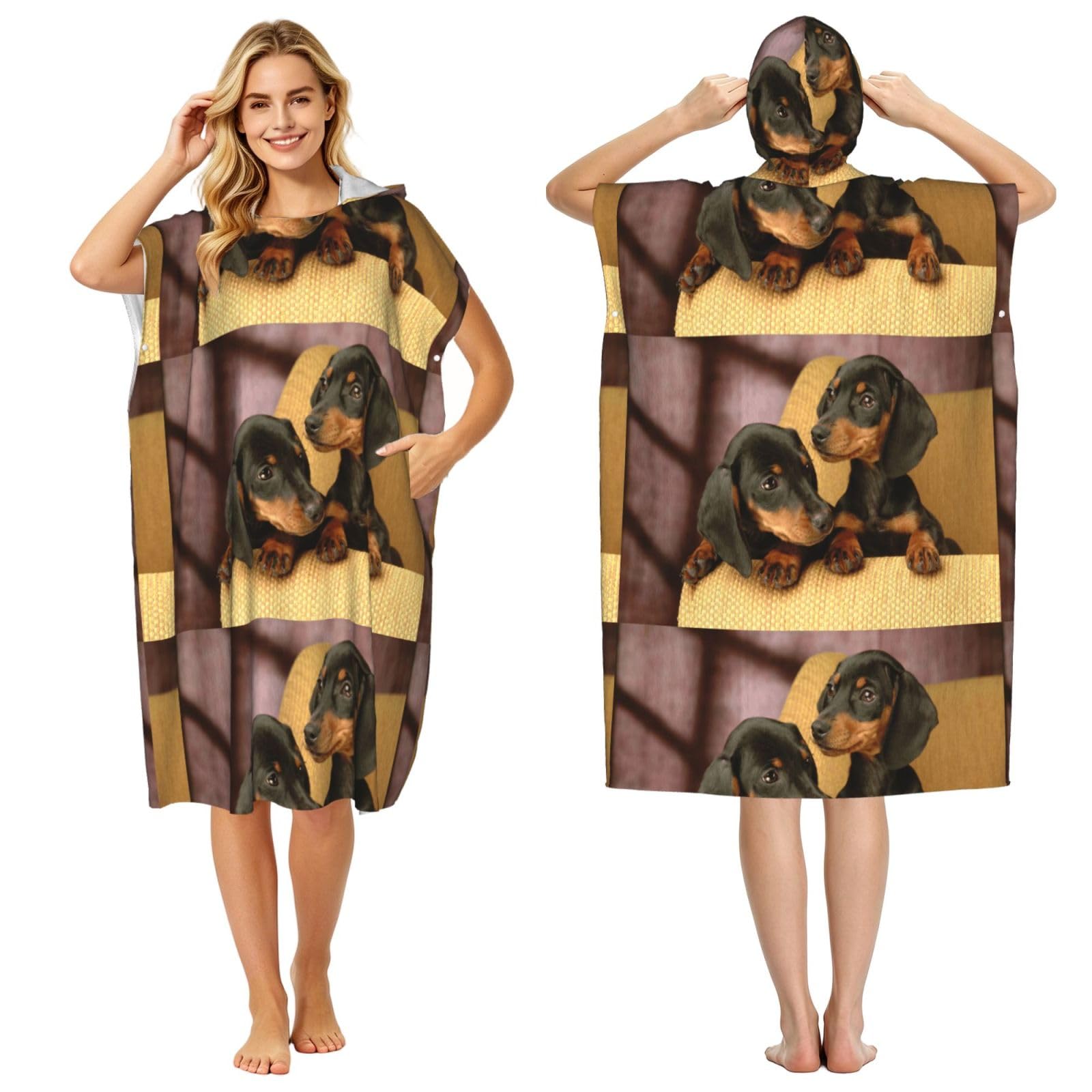 Poadnly Dachshund Puppies Pets Dogs Small Dachshund, Adult Hooded Beach Towel 90 x 110 cm,Changing Bath Robe, Surf Poncho Towel For Women Men