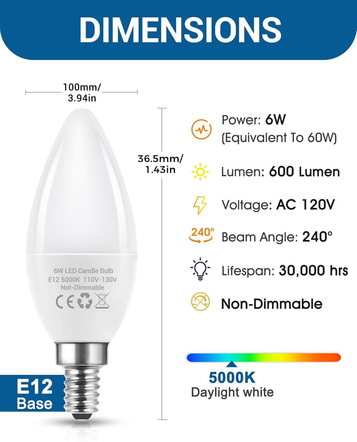 Flaspar E12 Candelabra Light Bulbs 60 Watt Equivalent, Daylight 5000K Chandelier Bulb, 6W E12 Small Base Type B LED Bulbs for Chandelier, Ceiling Fans, Non-Dimmable, Pack of 6