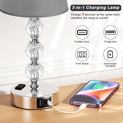 Acaxin Juego de 2 lámparas para dormitorio, mesita de noche, lámparas de mesa de cristal con puertos USB C+A y salida de CA para carga, lámpara de