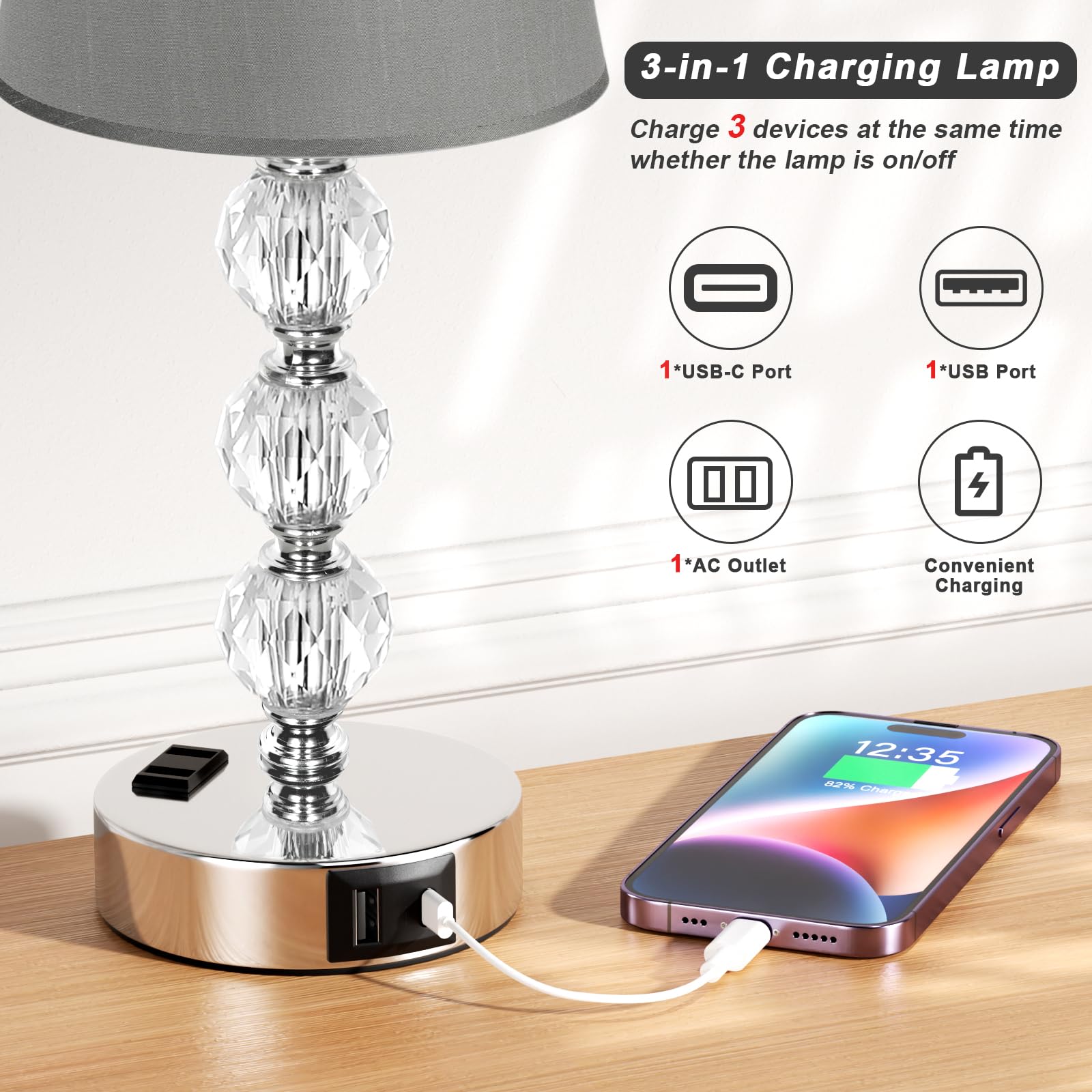 Lámparas para dormitorio, juego de 2 lámparas de mesa de cristal con puertos USB C+A y salida de CA para carga, 3 vías regulables al tacto, plateadas, lámpara de mesa auxiliar para sala de estar 2