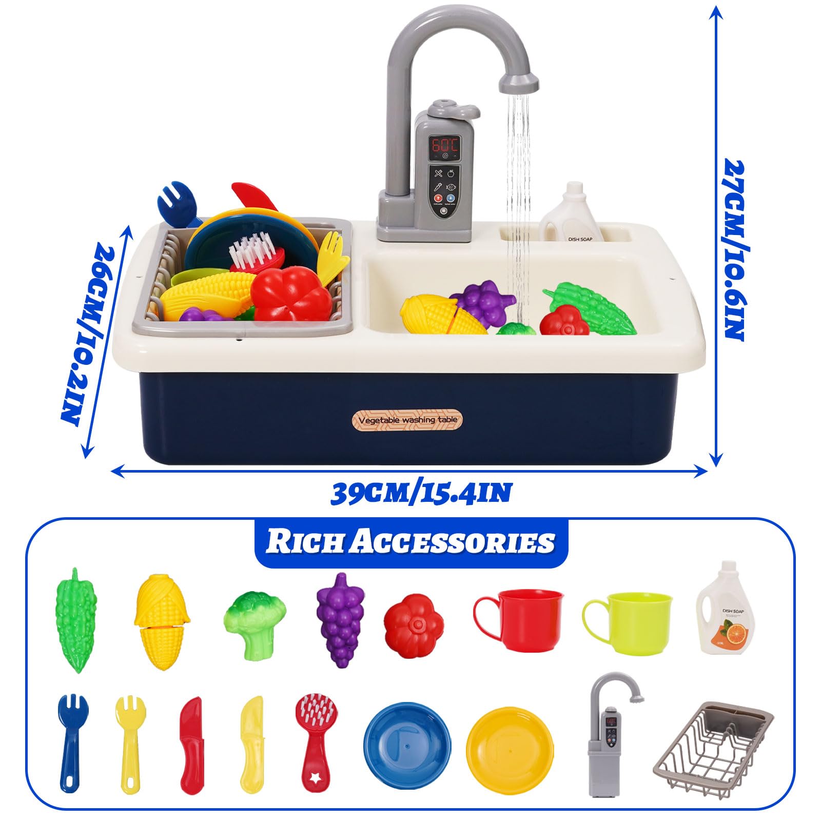 Küchenspüle Spielzeug Set mit Wasserkreislauf, Waschbecken Kinder mit Fließendem Wasser, Spielküche Kinderküche Zubehör, Obst und Gemüse Spielzeug, Rollenspiel für Jungen und Mädchen ab 3 Jahre(Blau)
