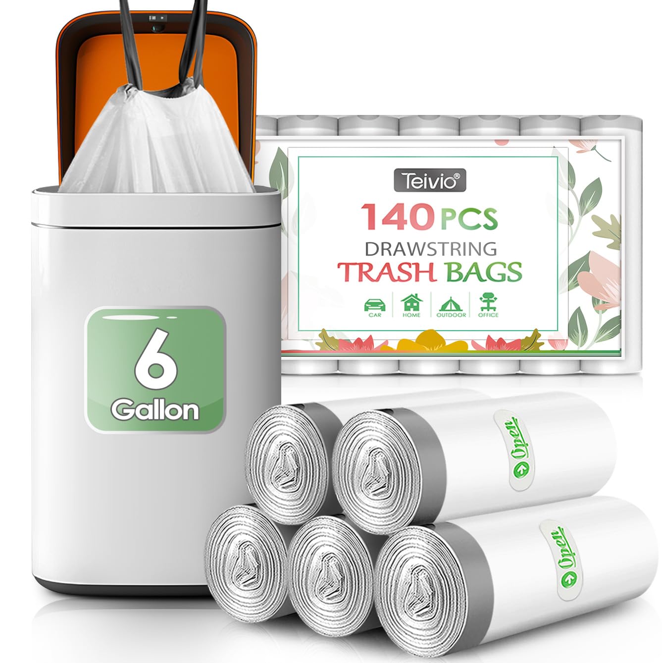 Teivio 6 Gallon 140pcs Strong Drawstring Trash Bags Garbage Bags, Bathroom Trash Can Bin Liners, Plastic Bags for home office kitchen, White