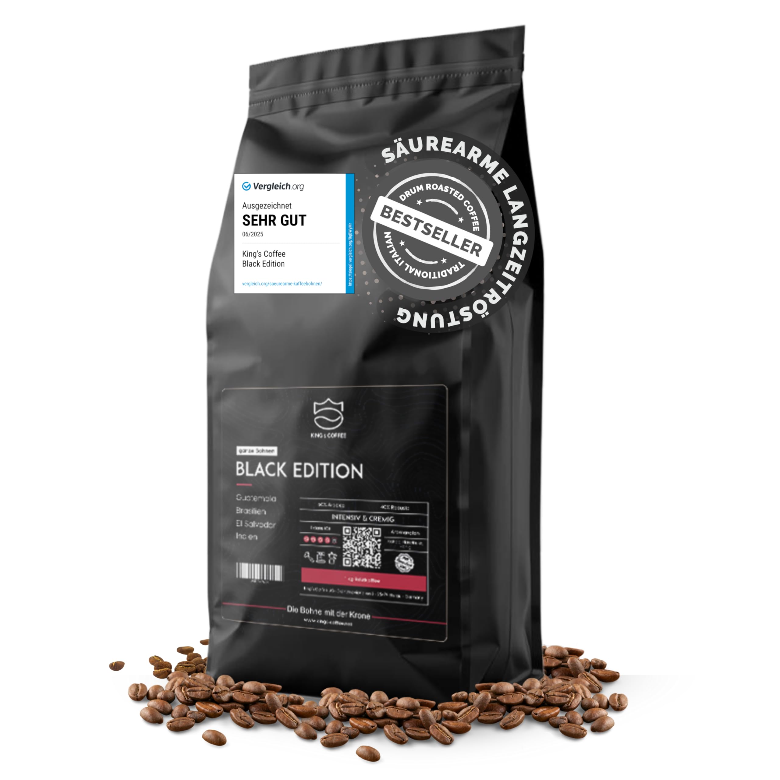 KING'S COFFEE - BLACK EDITION - 1kg Kaffeebohnen Crema Intense - säurearmer Kaffee - kleine Chargen-Röstung aus Italien - kräftige Arabica Espresso Bohnen (Blend) für Vollautomaten & Siebträger