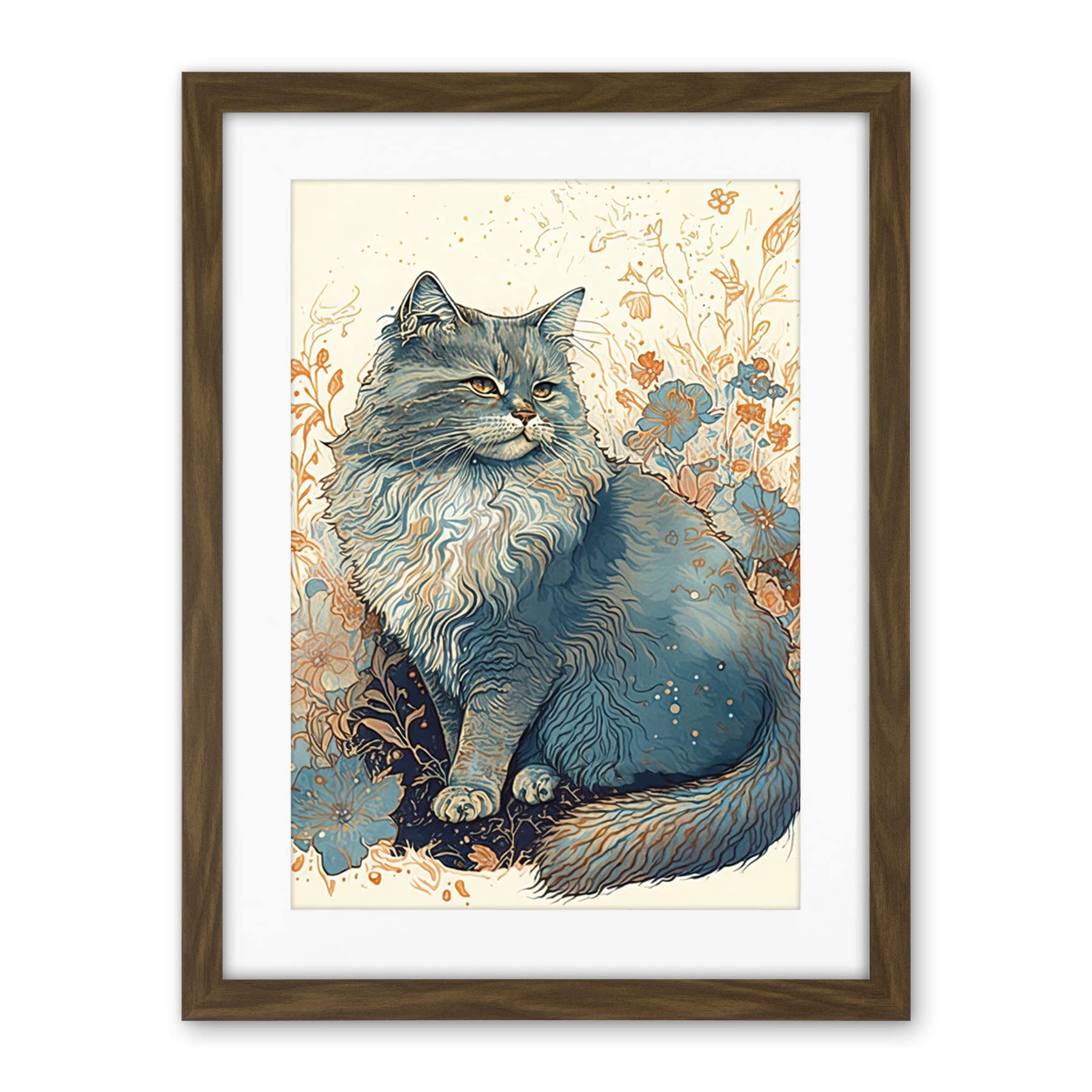 Artery8 Fluffy Cat in Wildflowers Teal and Orange Watercolour Illustration Artwork Framed Wall Art Print 18X24 Inch