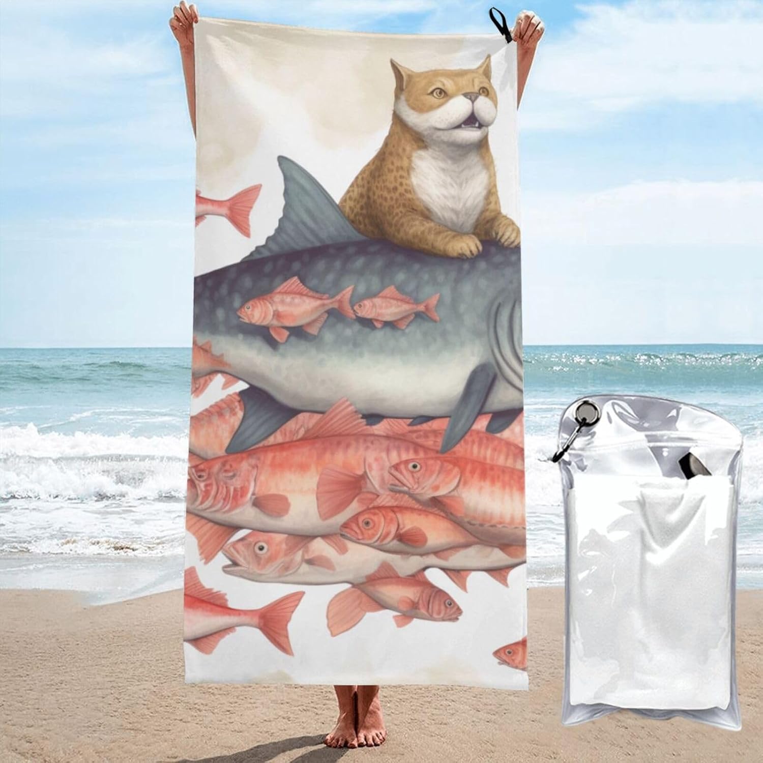 Cats Riding Fish Printed Quick Drying Bath Towel 27.5×55 Inch, Microfiber Bathroom Shower Towels Absorbent Beach Towel with PVC Bag for Travel Yoga Spa Sport