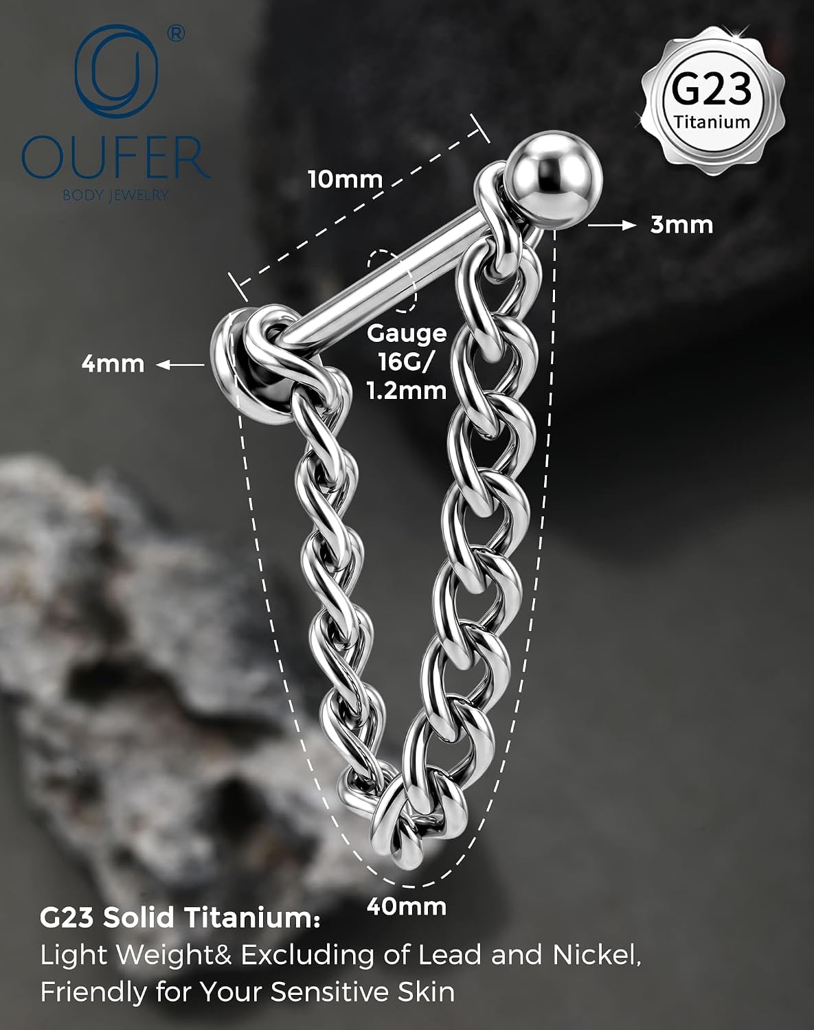 OUFER Titanium Snake Bites Lip Piercing Jewelry-16G Chain Lip Labret Stud with Chain, Internally Threaded Flat Back for Helix Cartilage Lobe Conch Piercing Jewelry