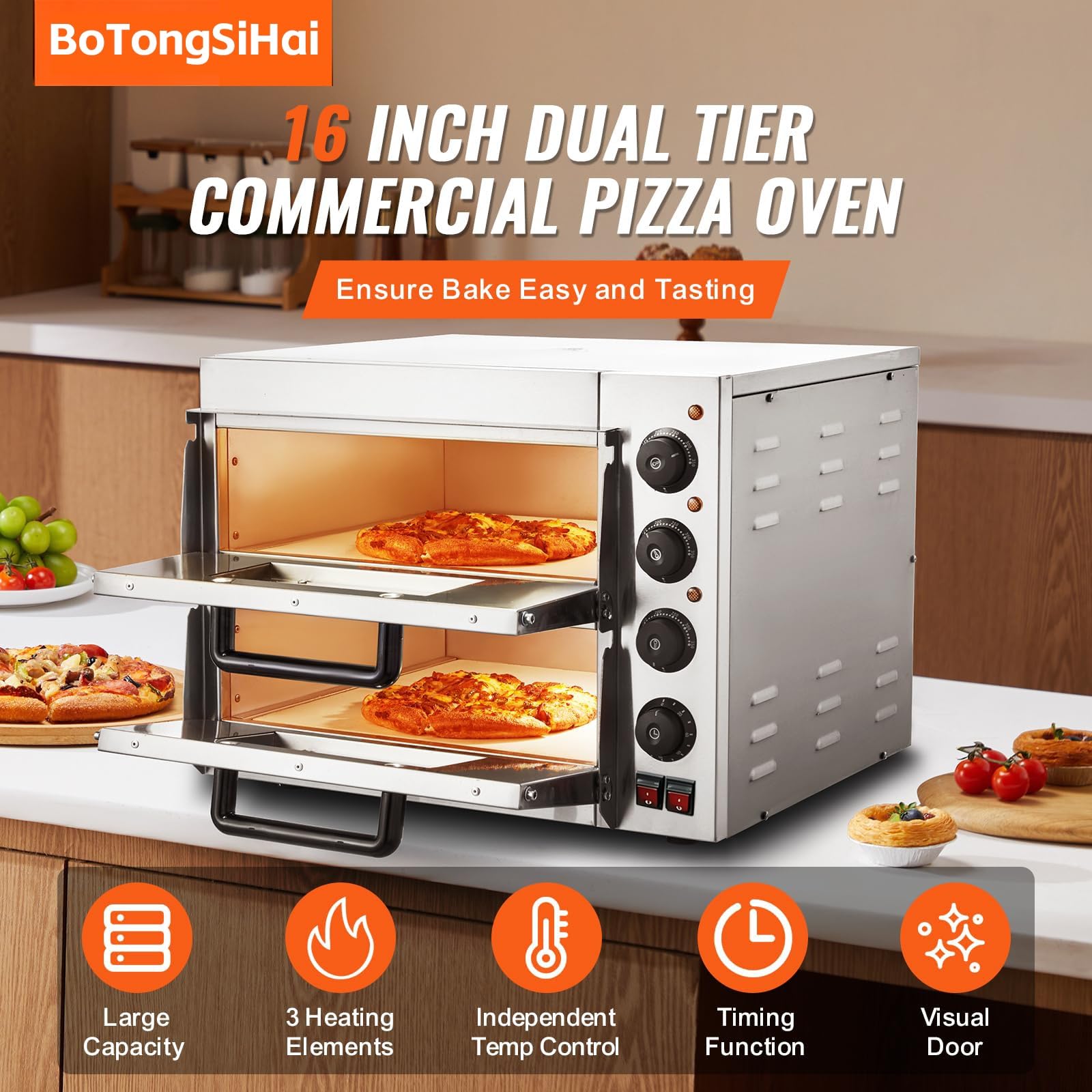 Forno professionale per pizza, elettrico in acciaio inox, piano singolo/doppio con pietra e manico, per interni ed esterni, multiuso, per ristoranti e uso domestico