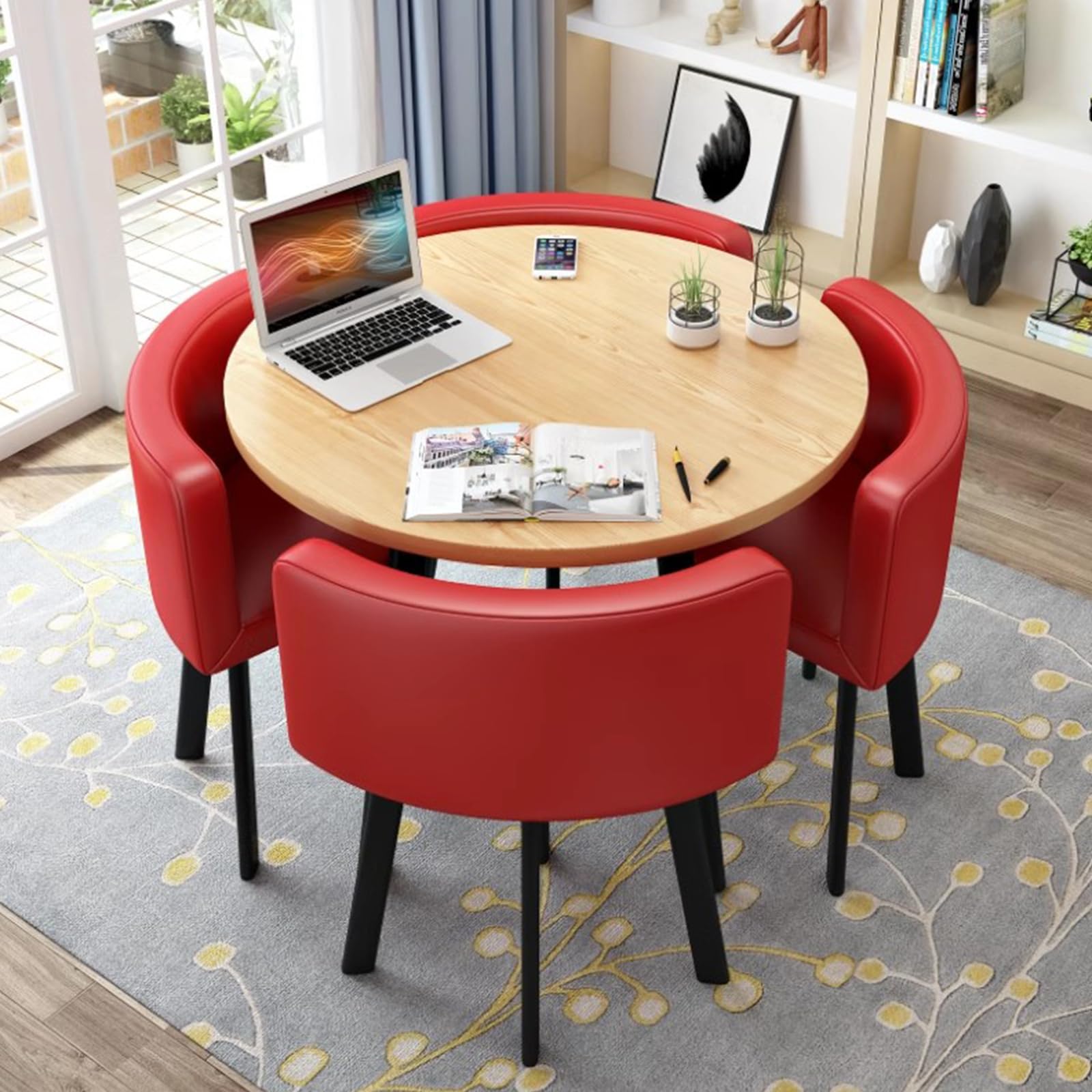 Modern Round Dining Table and Chairs Set 4, Office Reception Room Club Table and Chair Set, Space-Saving Small Meeting Room Table for Home Living Room Balcony Cafe Break Room, PU Red
