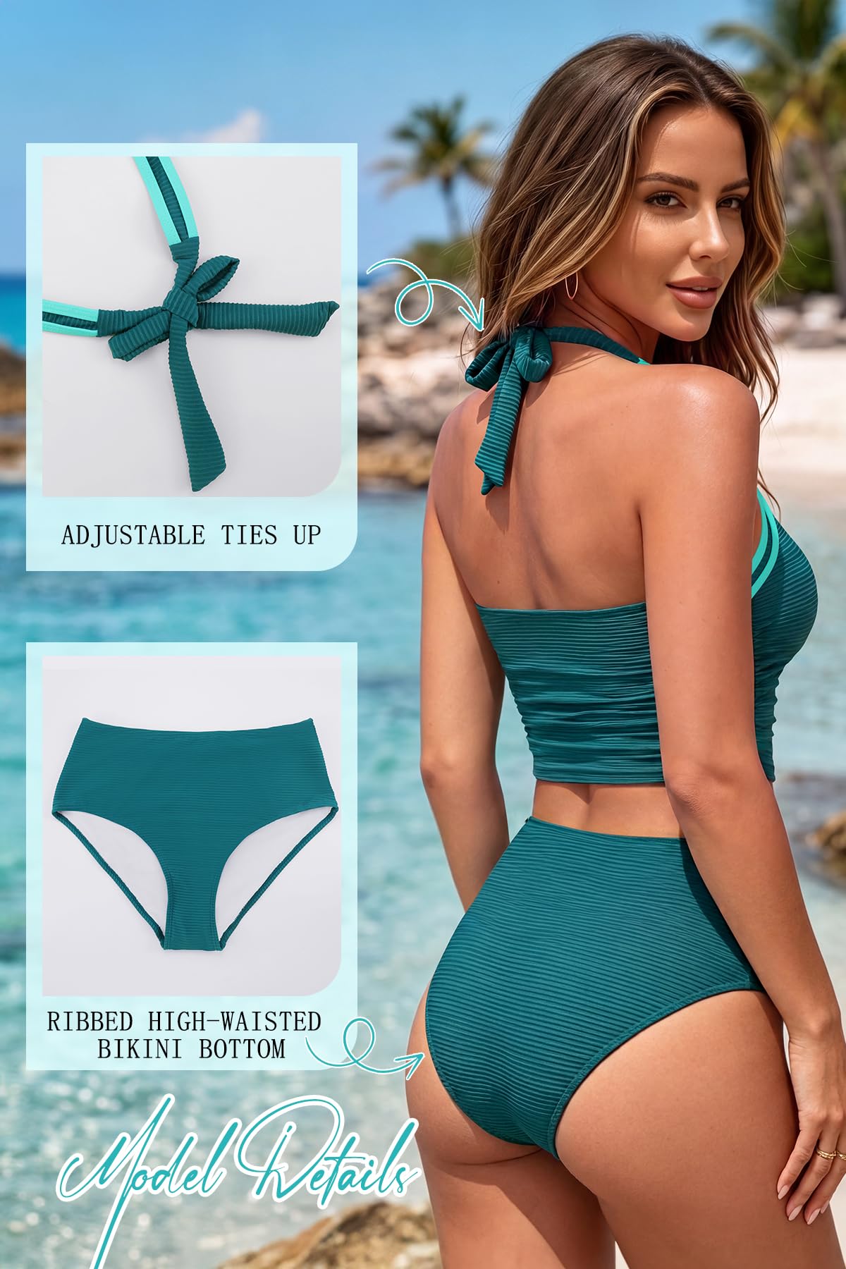 SHEKINI Tankini pour femme - Dos nu froncé - Haut de bain taille haute - Maillot de bain deux pièces côtelé sportif - Tailles S à XXL