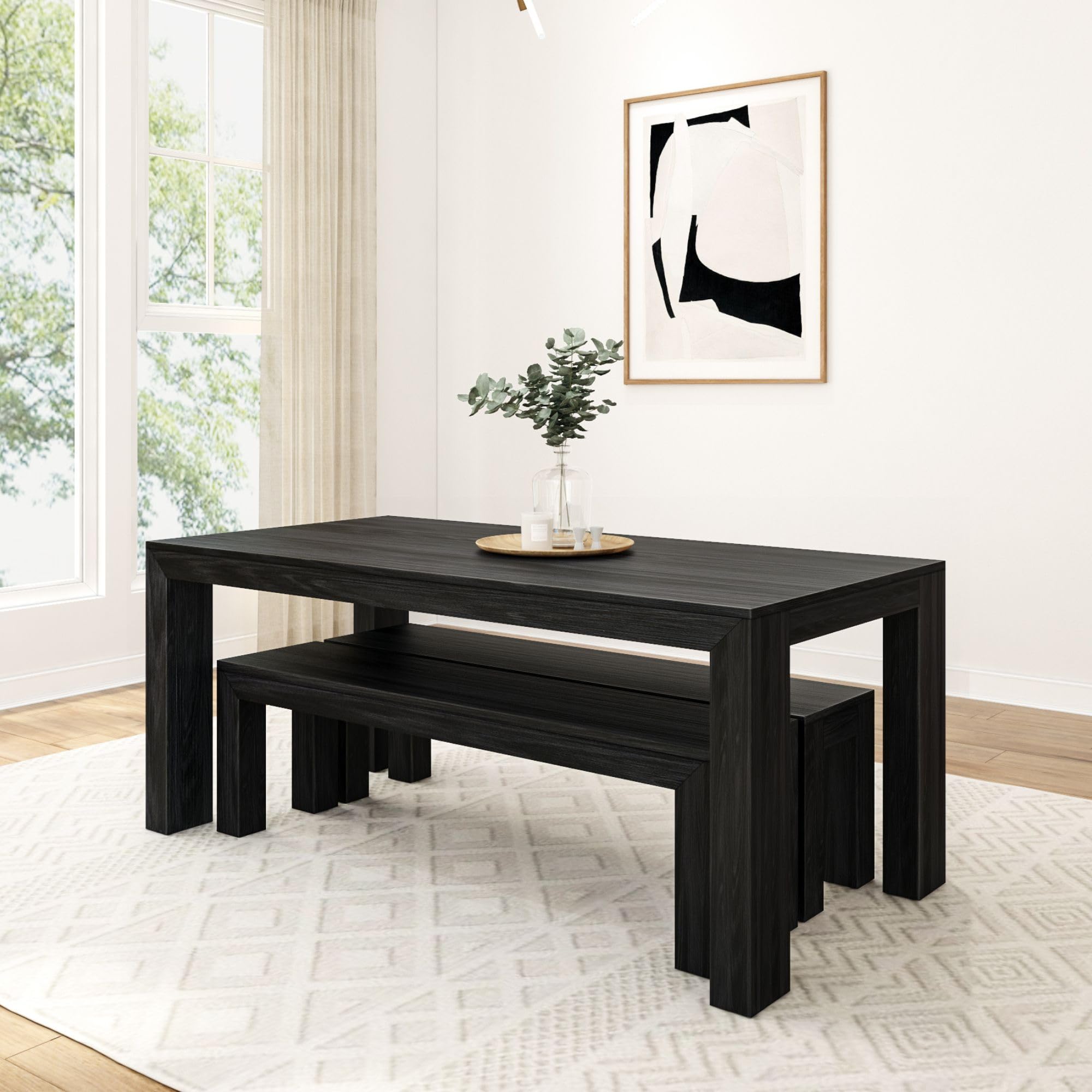 Plank+Beam Modern Dining Table Set with 2 Benches, Black Wirebrush