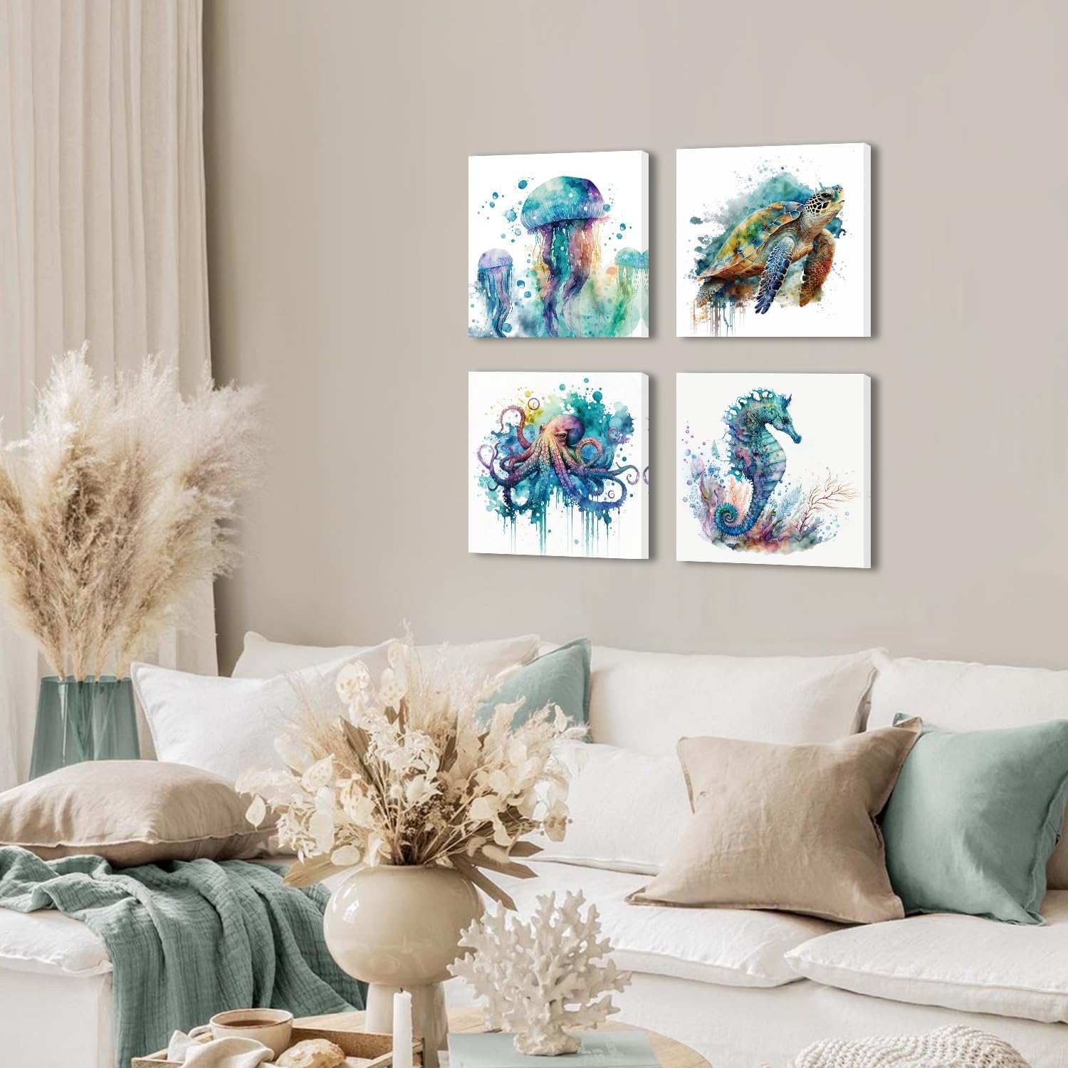 Sea Turtle Bathroom Decor Ocean Animals Canvas Wall Art Nautical Theme Teal Octopus Pictures Nursery Kids Room Decor Painting Under the Sea Marine Life Posters Modern Artwork Home Decoration 16x16" 4P image 3