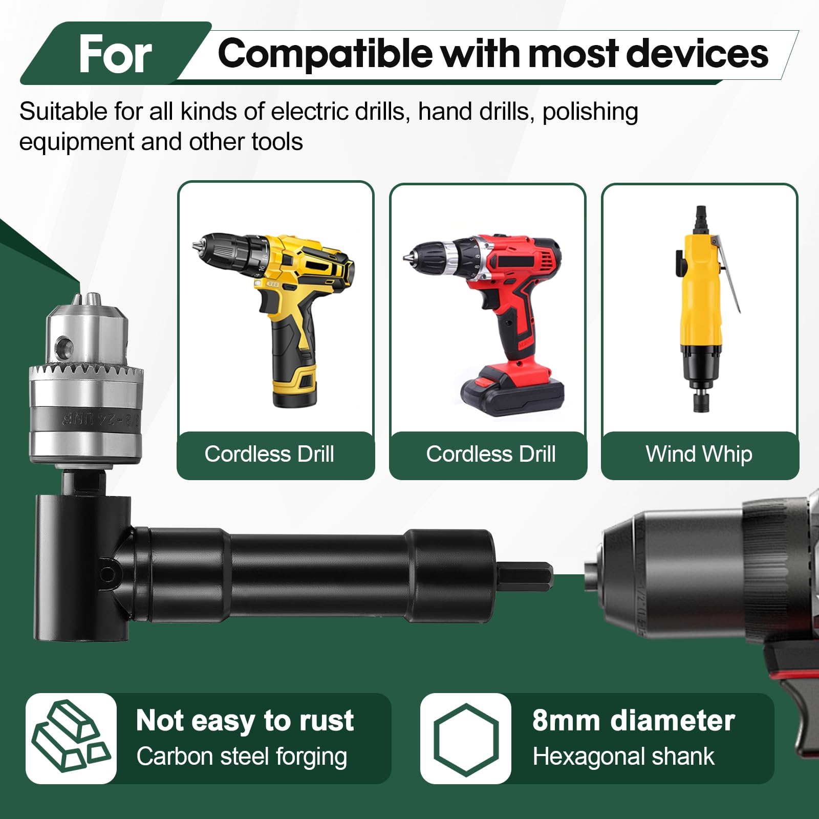 HSEAMALL Right Angle Drill Attachment, 90-Degree Chuck, 1-10mm Range, 8mm Hex Shank, Silver, 1-10mm Metal chuck - Image 4