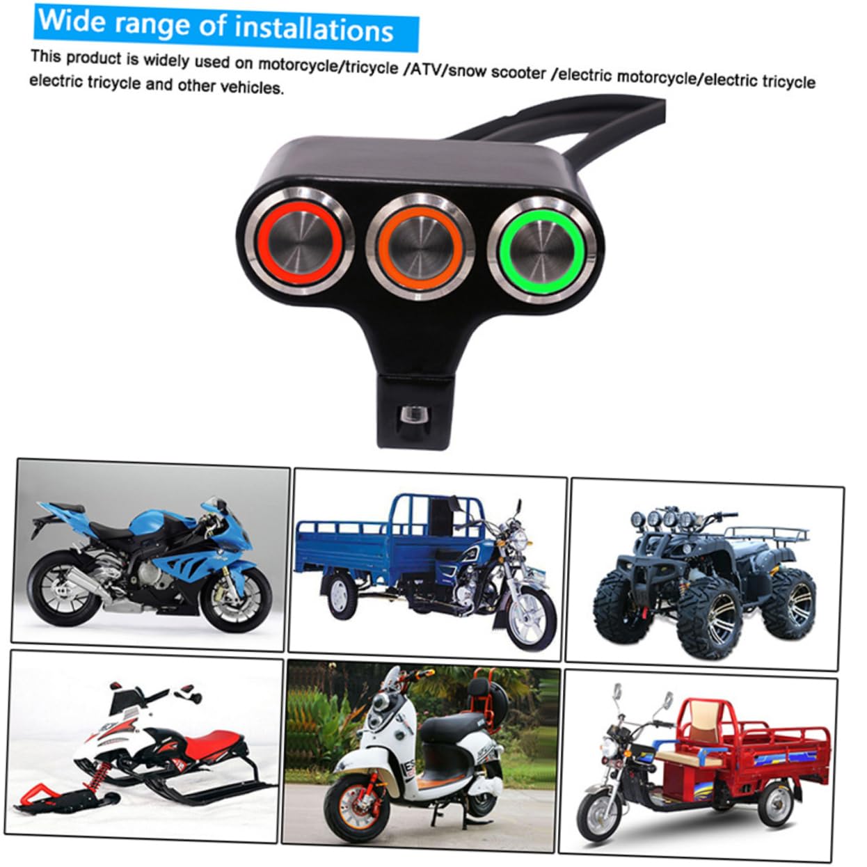 OUNONA Interruptor de Manillar y Autobloqueo de 3 Posiciones de 22mm, Aleación de Aluminio, Botón Luminoso para Motocicleta y Bicicleta Eléctrica