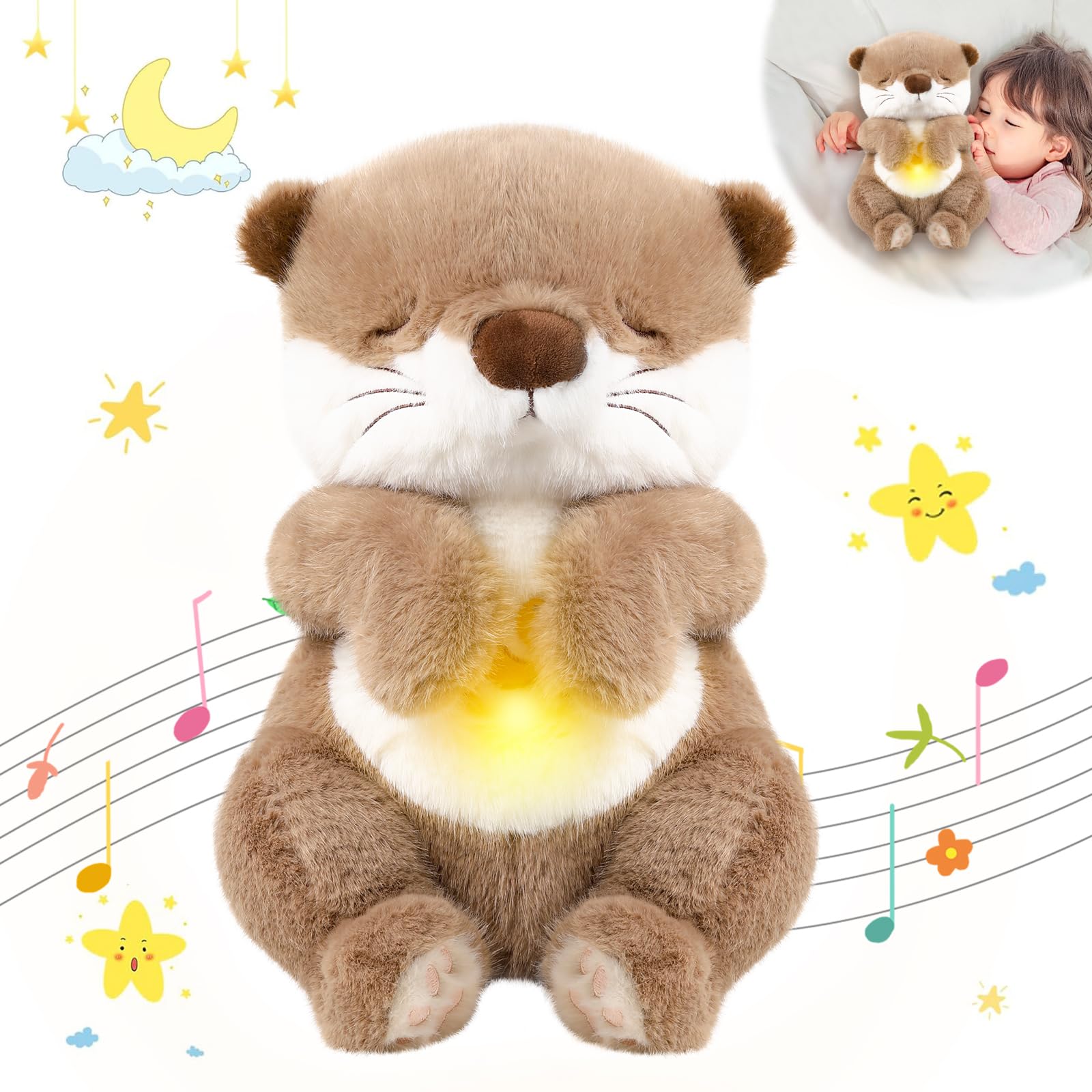 seOSTO Soothing Otter Breathing Teddy Plush with Light and Breathing Musical Sleep Aid for Baby Toys New Baby Gifts Anxiety Teddy for Adults