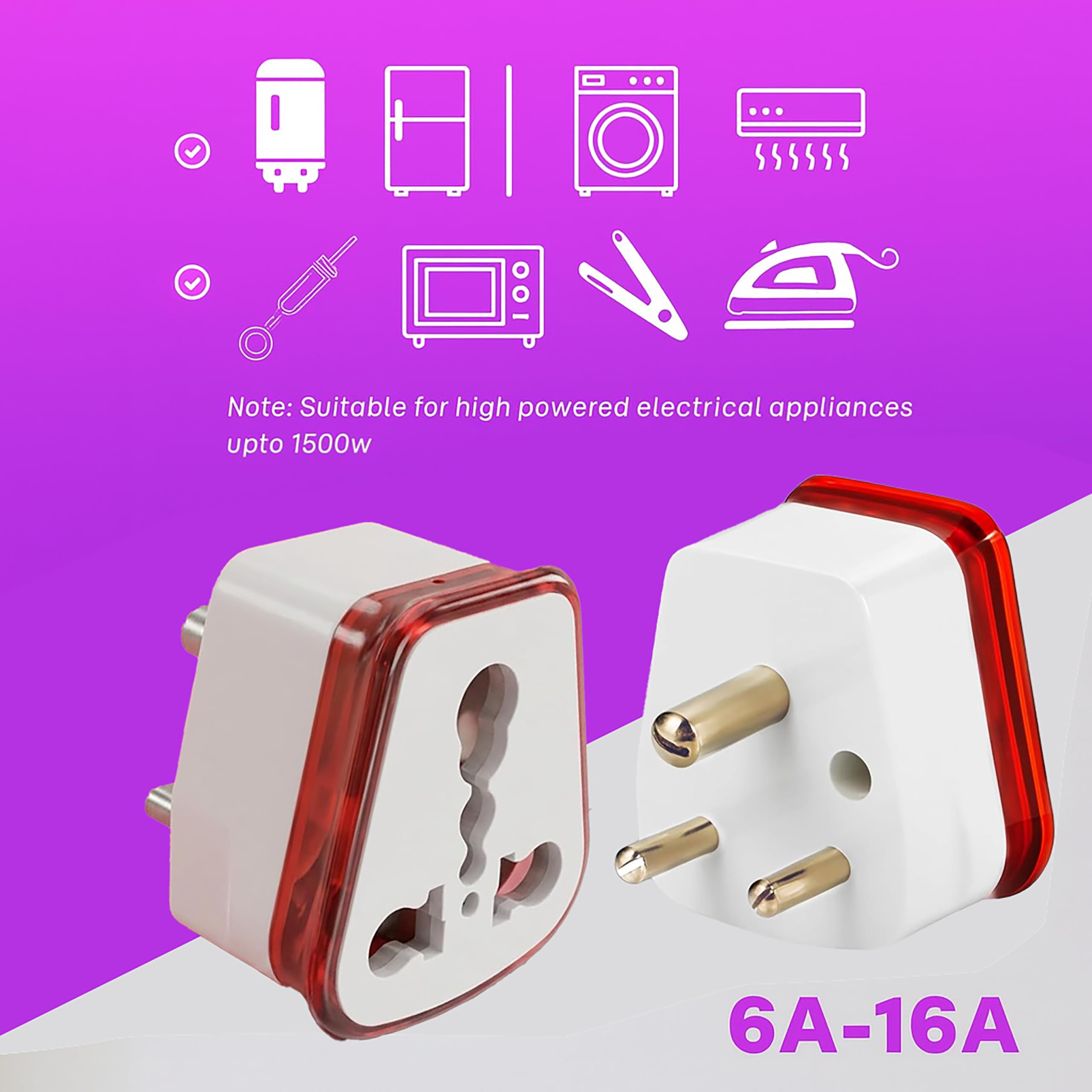 16amp Converter Plug for India (Pack of 1) 6ampere to 16ampere 3-Pin International Socket for Big Size 16 A Plug Top (Use 16amp Devices in 6amp Socket) for Geysers A/C Microwave Refrigrator — Amazon image 9