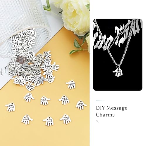 Miniatura 6 de JIALEEY 100 dijes en forma de mano hechos a mano, letreros tallados en tono plateado para hacer joyas de moda, hallazgos, manualidades, costura,