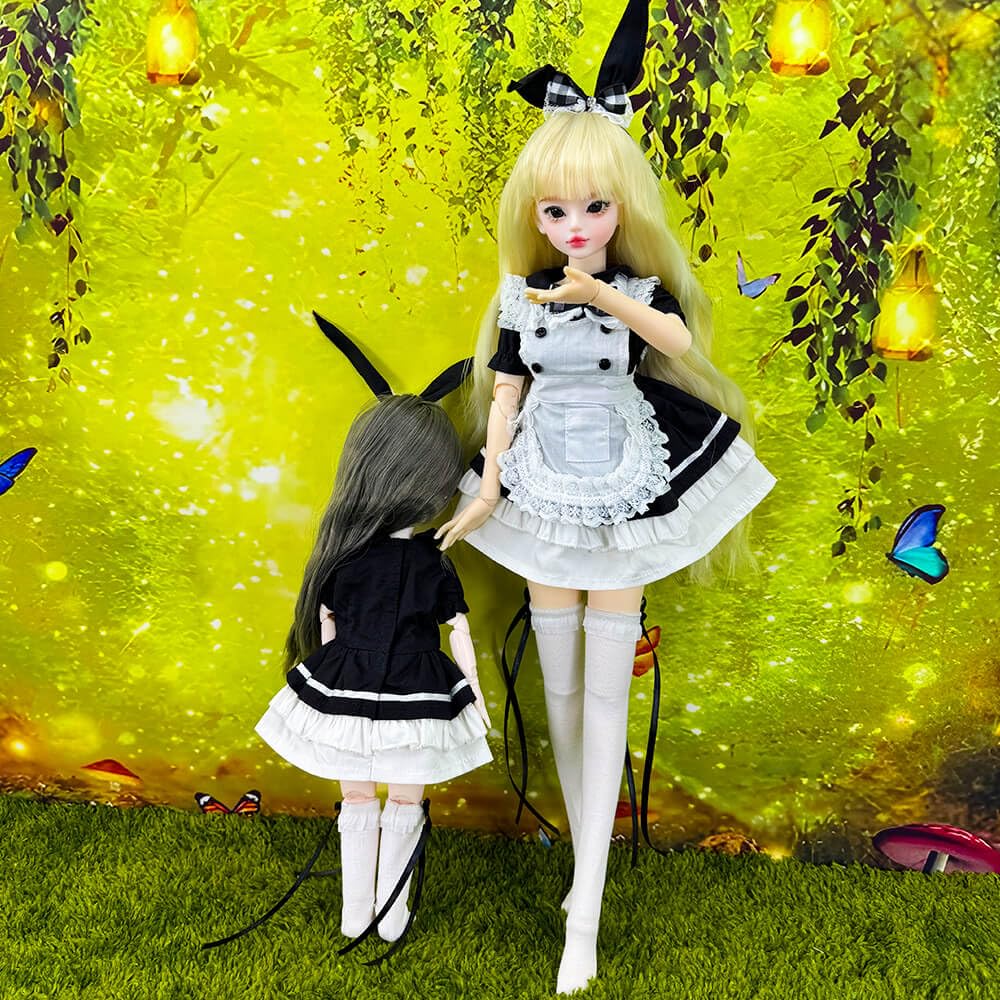 niannyyhouse 1/3 1/4 1/6 BJD Bambole Vestiti Vestiti Grembiule Copricapo Mutande Calzini Coniglietto Cameriera Vestito Snodato Bambole Accessori Vestire Regalo (1/4BJD), Nero, Bianco