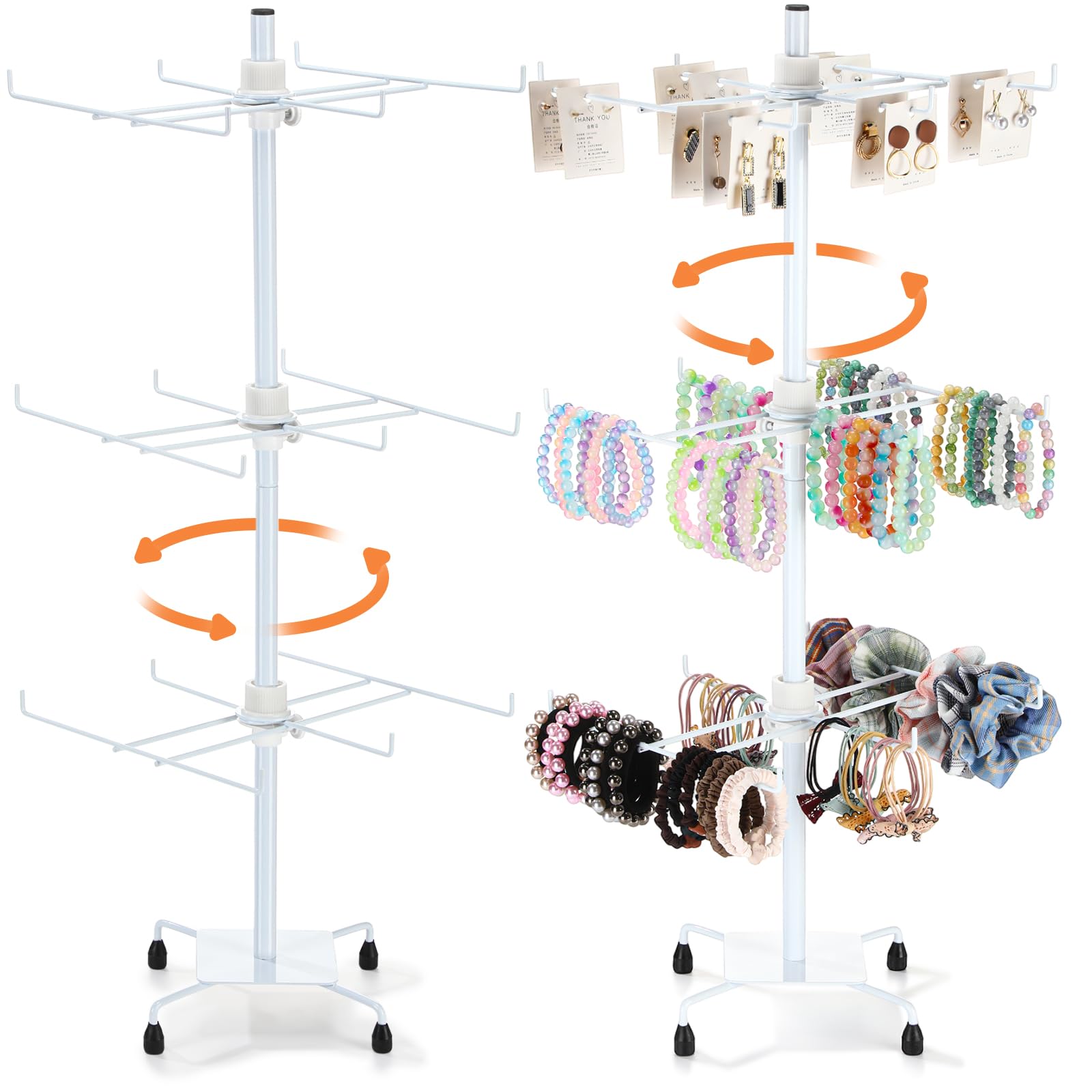 RattanView 2 Pcs Jewelry Rotating Display Stand Adjustable Metal Earrings Bracelet Display Rack Hanging Jewelry Spinning Organizer Tree with Hooks for Vendor Events Selling(White,28.3