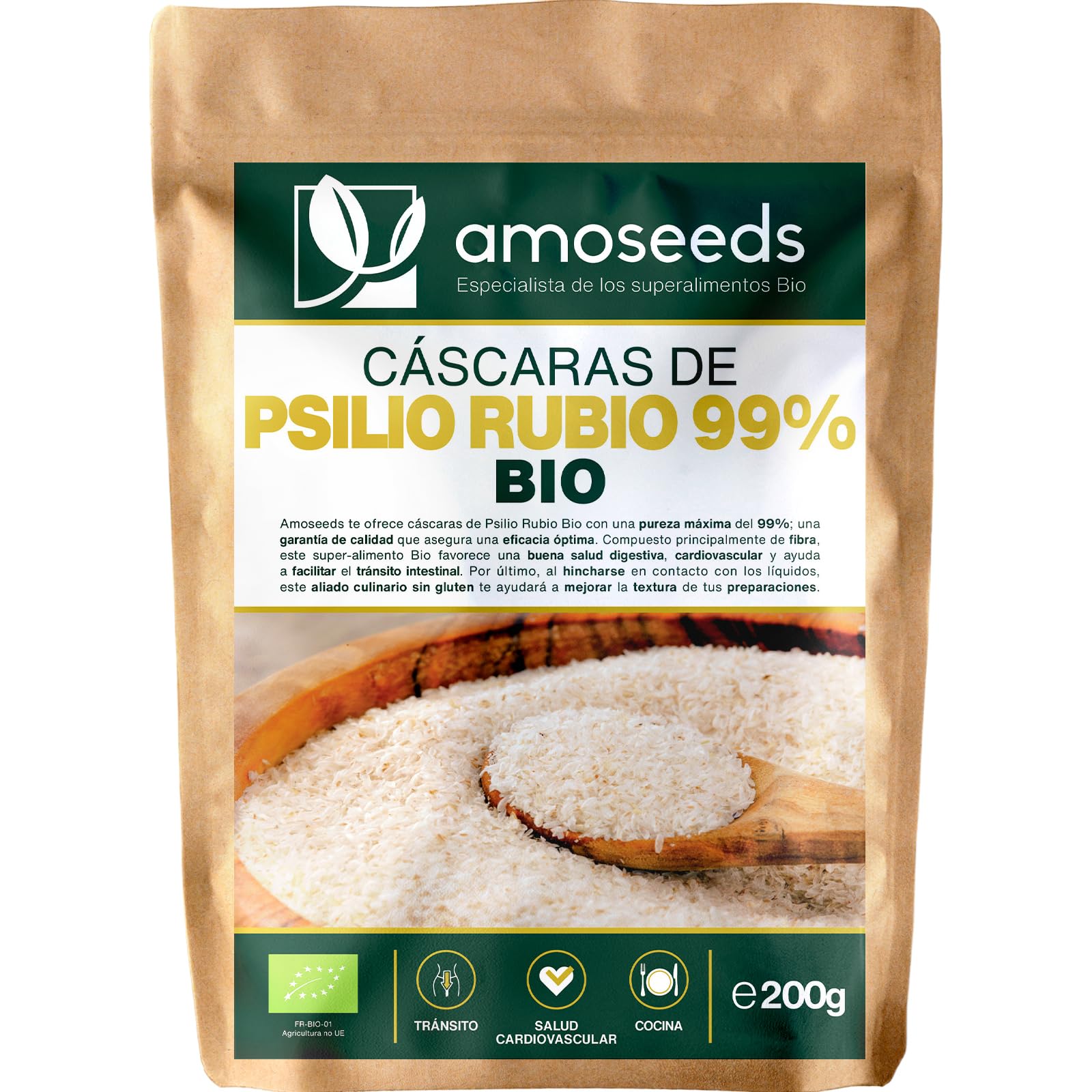 Psilio Rubio BIO 200G | Cáscaras Psyllium Orgánico, Máxima Pureza 99% | 88% de Fibra, Tránsito, Digestión, Sin Gluten | Primera Calidad