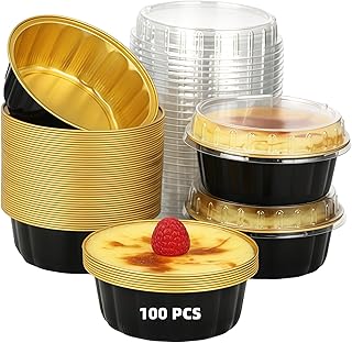 100 PCS Aluminum Foil Cups with Lids, 8 oz Disposable Ramekins for Baking Serving, Round Foil Containers with Clear Lids for Cupcakes, Desserts, Pudding, Muffins, Party, Holiday Events