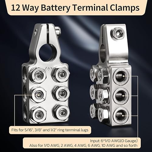 Miniatura 3 de Conector de terminal de poste de batería 6x1/0 AWG calibre 0 de 12 vías, reemplazo de abrazaderas de terminal de batería para poste superior cónico