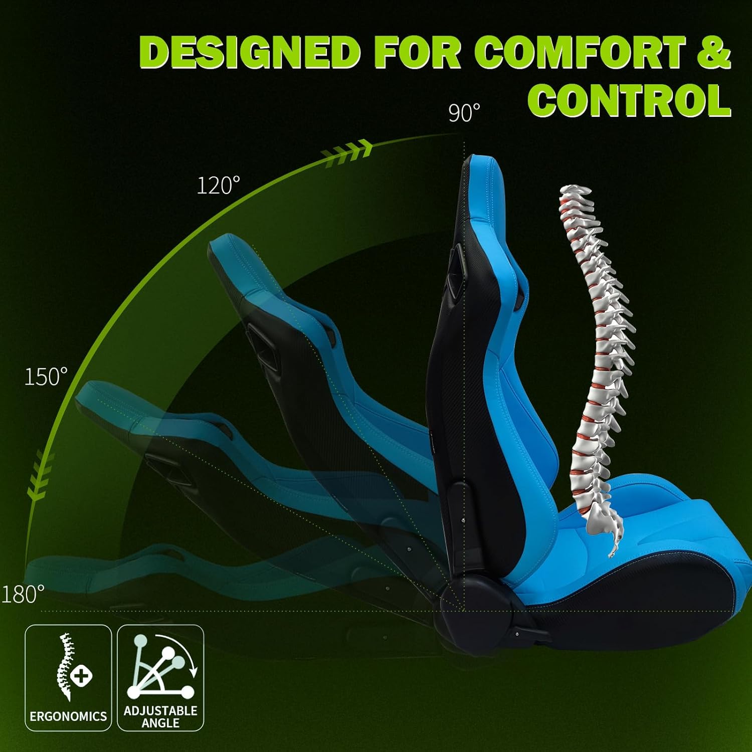 Universal Pairs of Racing Seat with Dual Sliders, PU Leather Front+Carbon Leather Back Reclinable Bucket Seat, Light Blue