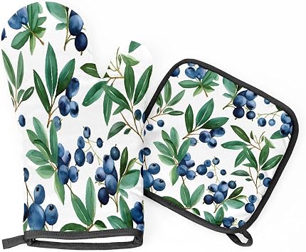 Blueberry Watercolor Painting Oven Mitts and Pot Holders BBQ Gloves, Heat Resistant Kitchen Oven Gloves Hot Pads for Cooking Baking Grilling