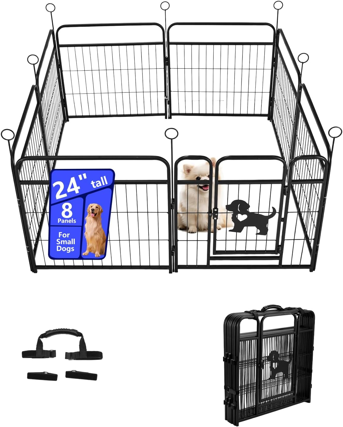 Duty Metal Dog Playpen, Black Indoor Outdoor Pet Exercise Pen with Safety Gate, Foldable Wire Fence Enclosure (Black, 24inch, 8)