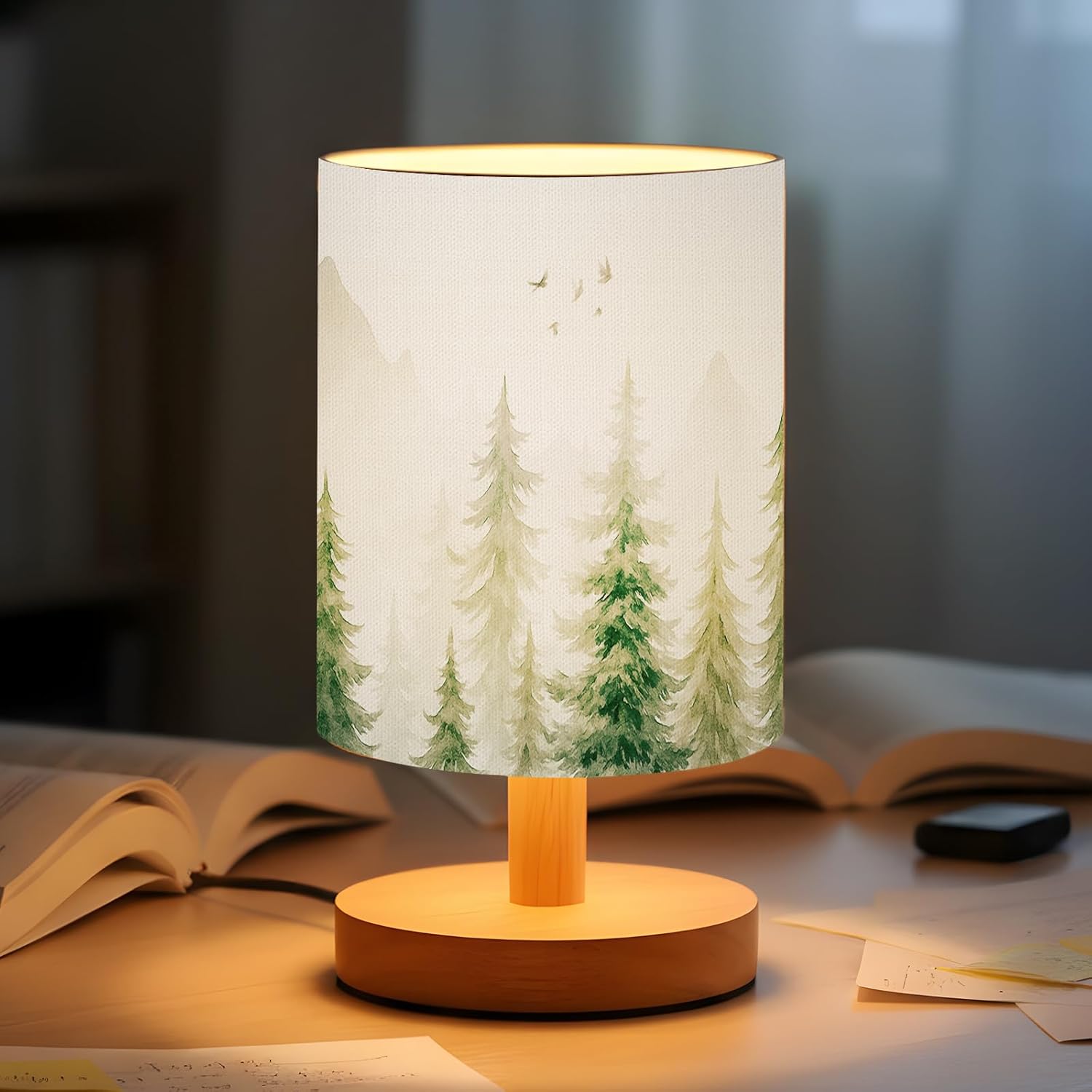 VIHOSE Pine Tree Bedside Table Lamp Forest Table Lamp Vintage Nightstand with Linen Fabric Shade Solid Wood Base Decoration for Kids Living Room Bedroom Desk Dorm