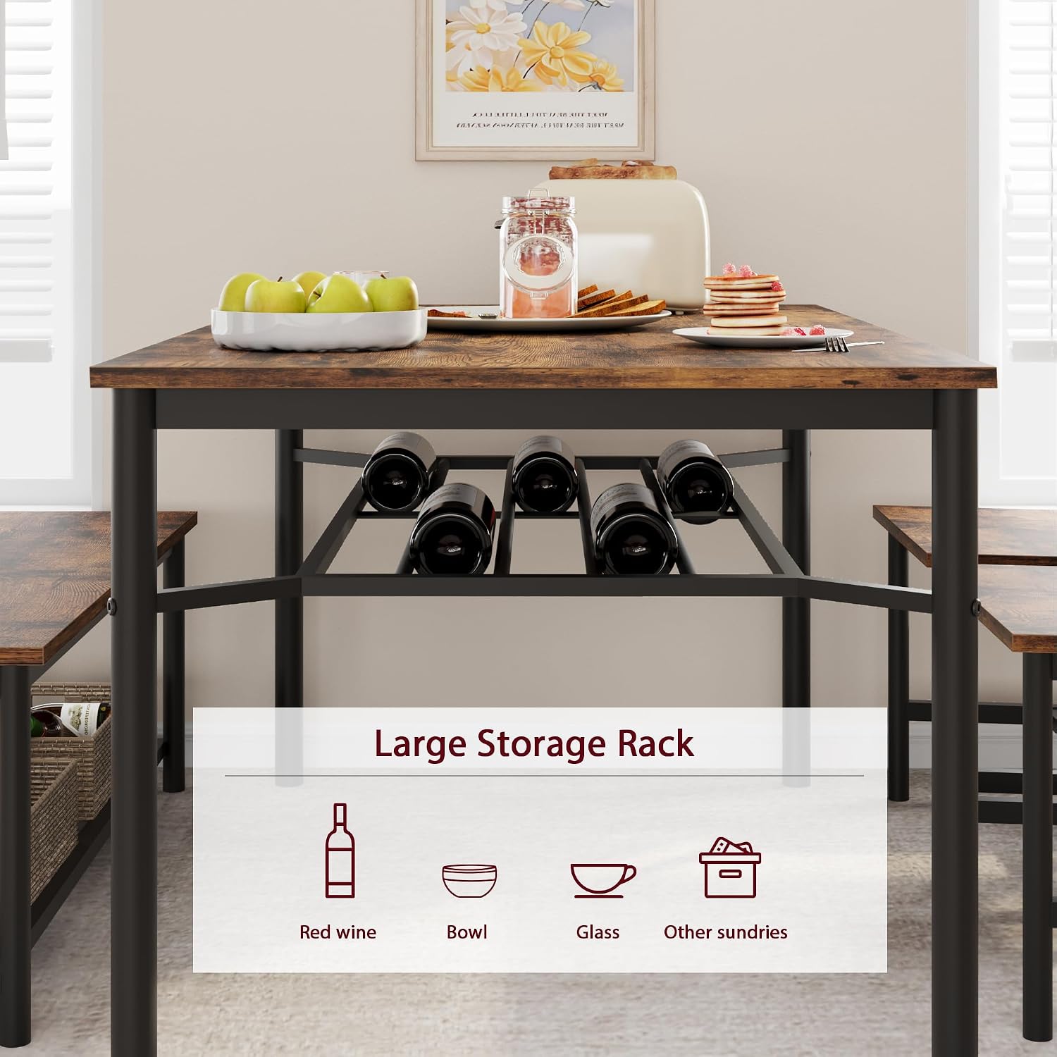 IDEALHOUSE Dining Table Set for 4, Kitchen Table and 2 Chairs with Storage Bench, 47.2" Rectangular Kitchen Table Set with Wine Rack, Dining Room Table Set for Small Space, Apartment, Rustic Brown