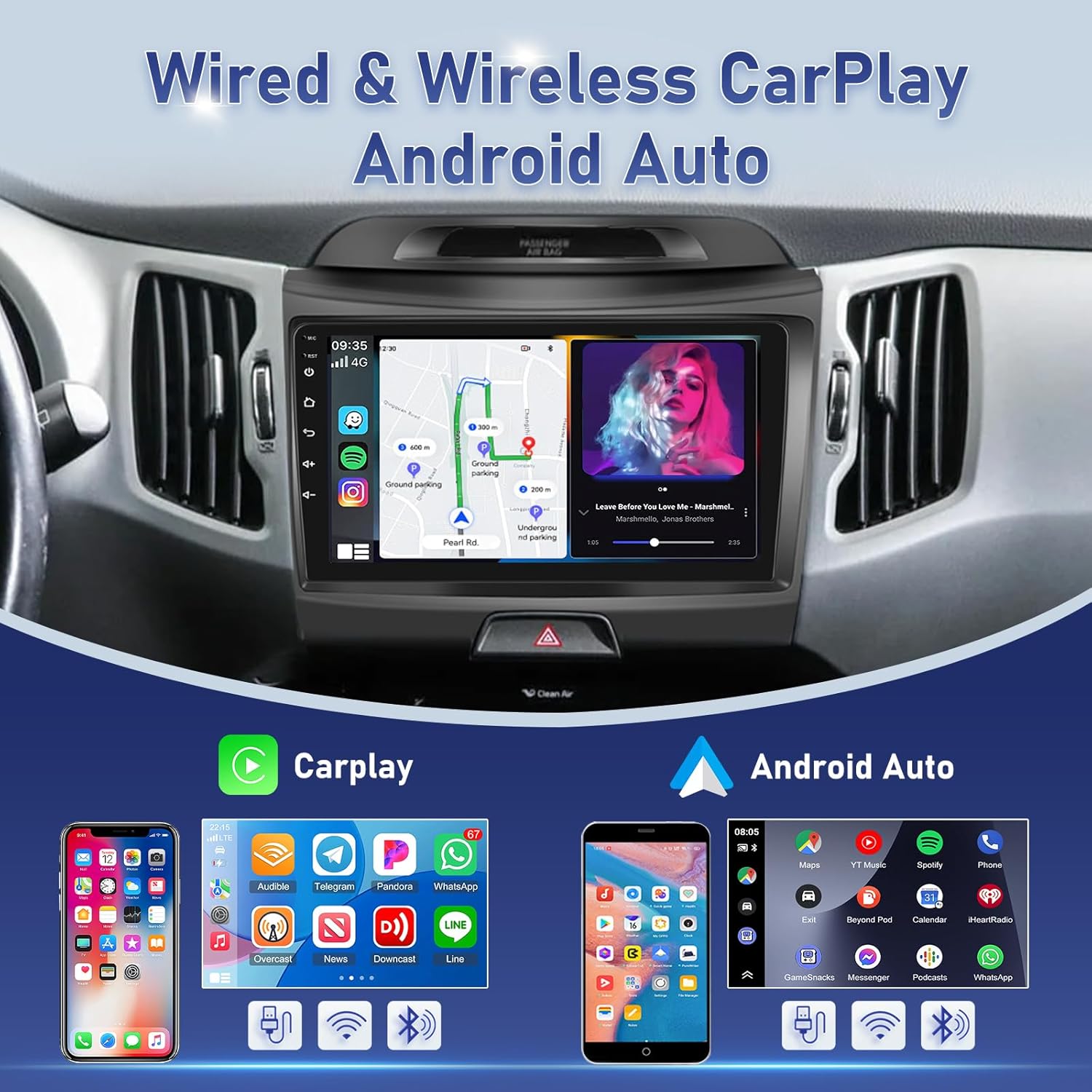 2G+64G Volxcereo Car Stereo for Kia Sportage 2010-2016 with Wireless Carplay & Android Auto, 9 inch Touchscreen Car Radio with Bluetooth/GPS/WiFi/SWC/FM&RDS Radio