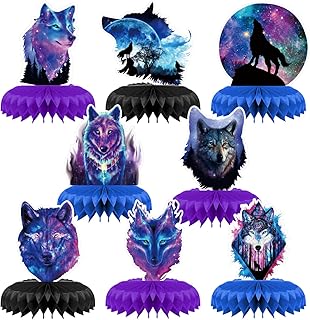 8 Pcs Galaxy Wolf Birthday Party Decoration, Starry Sky Wolf Theme Honeycomb Centerpieces 3D Double Sided Table Decorations, Animal Wolf Photo Booth Props for Kids Boys Girls Party Supplies