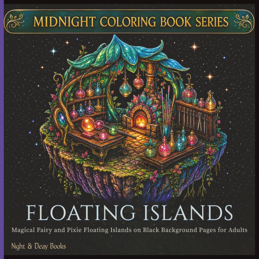 MIDNIGHT COLORING BOOK: FLOATING ISLANDS: Magical Fairy and Pixie Floating Islands on Black Background Pages for Adults