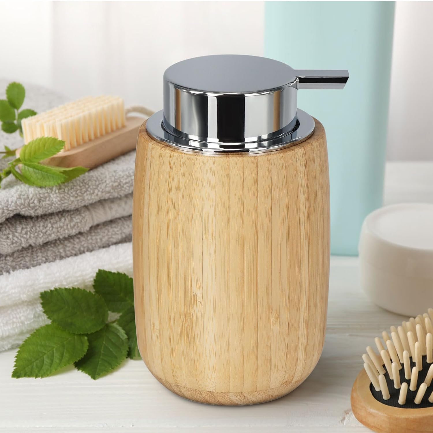 Bamboo Soap Dispenser, Natural Material,Easy to Fill, Liquid Hand Soap Dispenser for Essential Oil, Lotion Dispenser with Pump for Home, Kitchen
