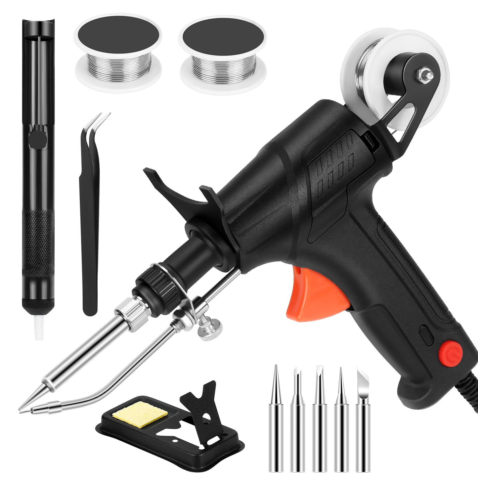 Pistola de soldadura industrial, kit de pistola de soldadura automática, soldadora manual para reparación de placas de circuito impreso, juego con 5 puntas de soldadura, 2 rollos de alambre de estaño