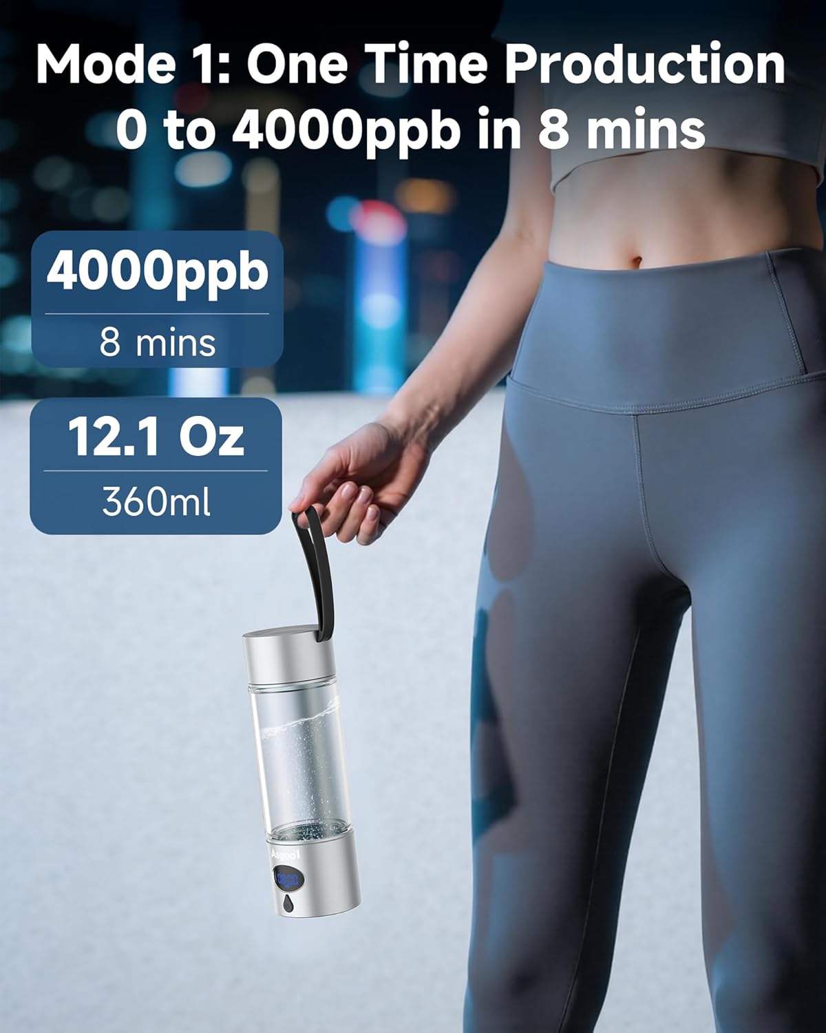Hydrogen Water Bottle - 5000 PPB in 8 Minutes, Cyclic Mode for 8 Hours, Self Clean, Aluminum & Glass, for Travel Sports Office Home, Gift for Father Mom Family Friends Clients(Silver, 12Oz)