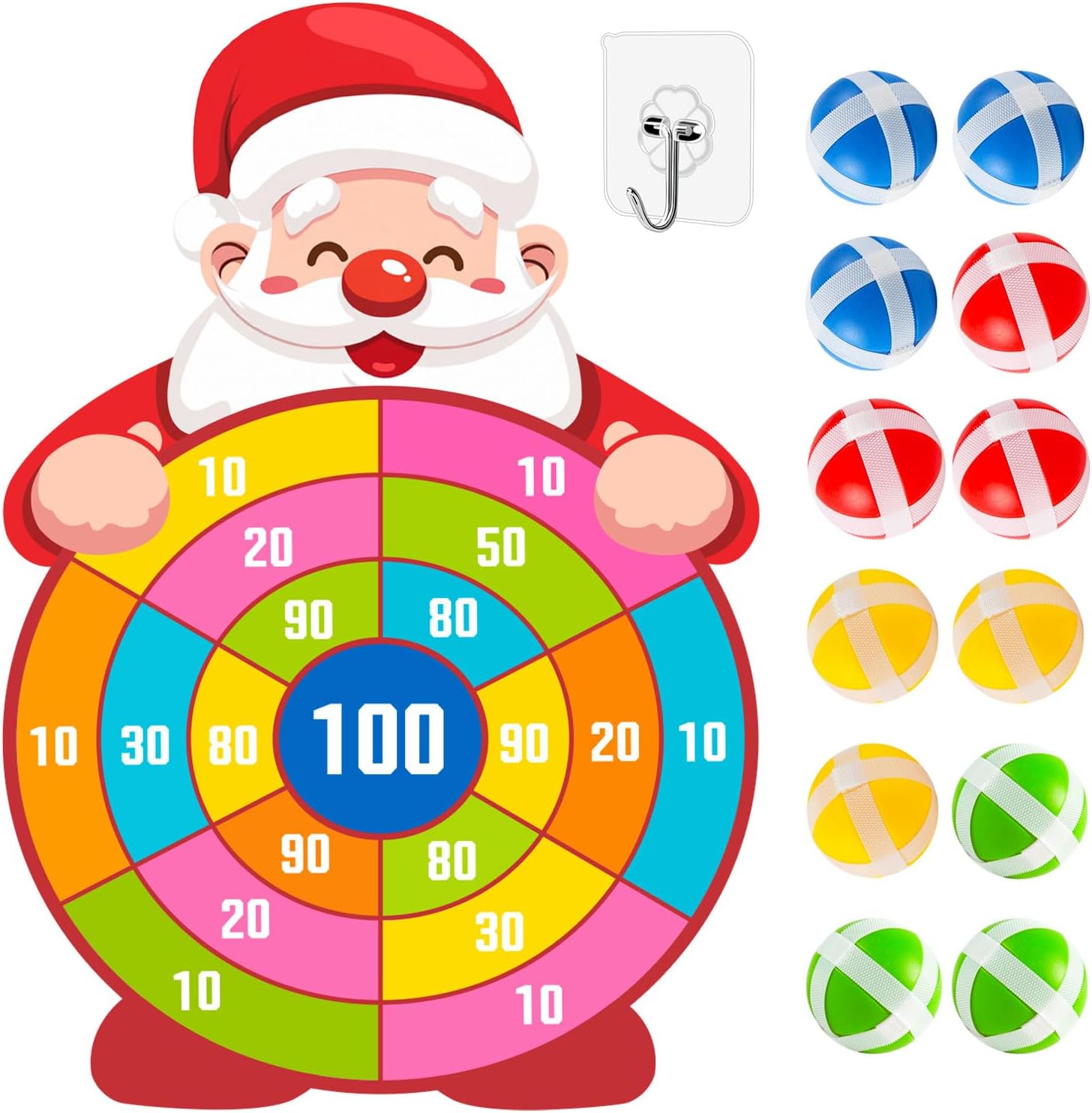Christmas Dartboard Game, 30 in Santa Target, 12 Sticky Balls, Ages 6+ | 30 in Santa dartboard with 12 sticky balls and hook; soft fabric Christmas toss game for ages 6+ family party play