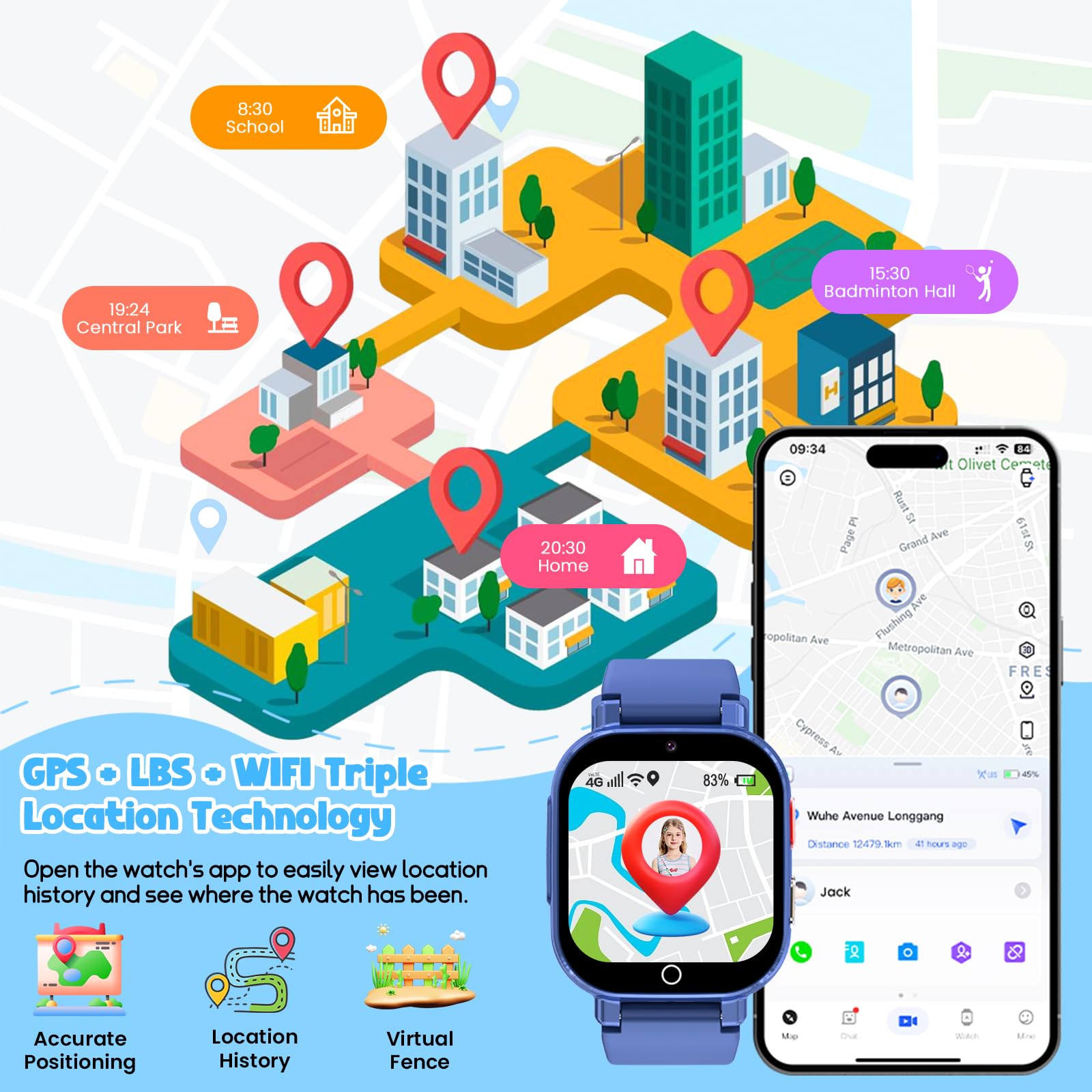 4G Montre Connectée Enfant, Smartwatch Téléphone pour Filles Garçons avec GPS Appel Vidéo SOS WiF Chat Vocal SMS Mode Classe Révei Podomètre Montre Intelligente Enfants Cadeau 4-12 ans，Bleu clair