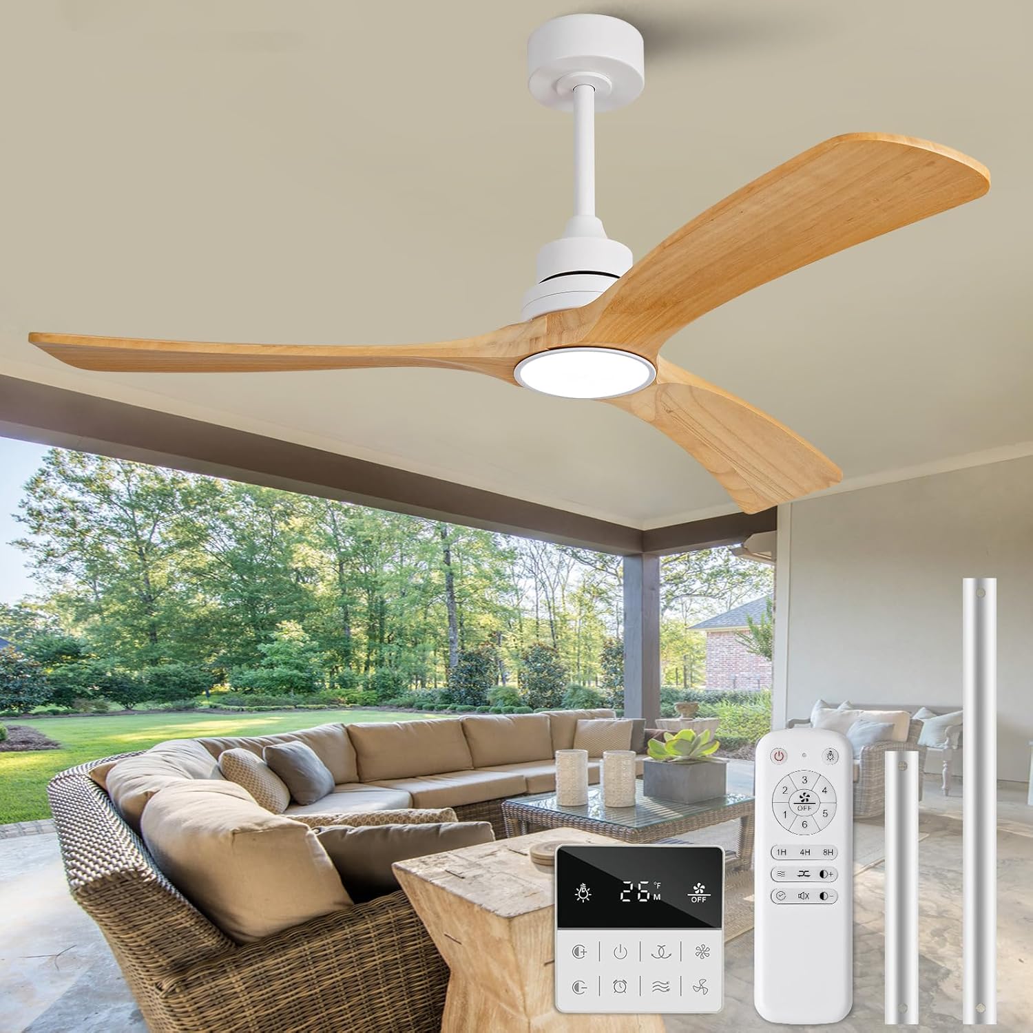 Ceiling Fan with Light 52 inch,Remote Control,Wall Switch,Solid Wood Blades,Dimmable,Reversible Quiet DC Motor,Power Off Memory Modern White Ceiling Fan for Bedroom Patio Indoor/Outdoor Use